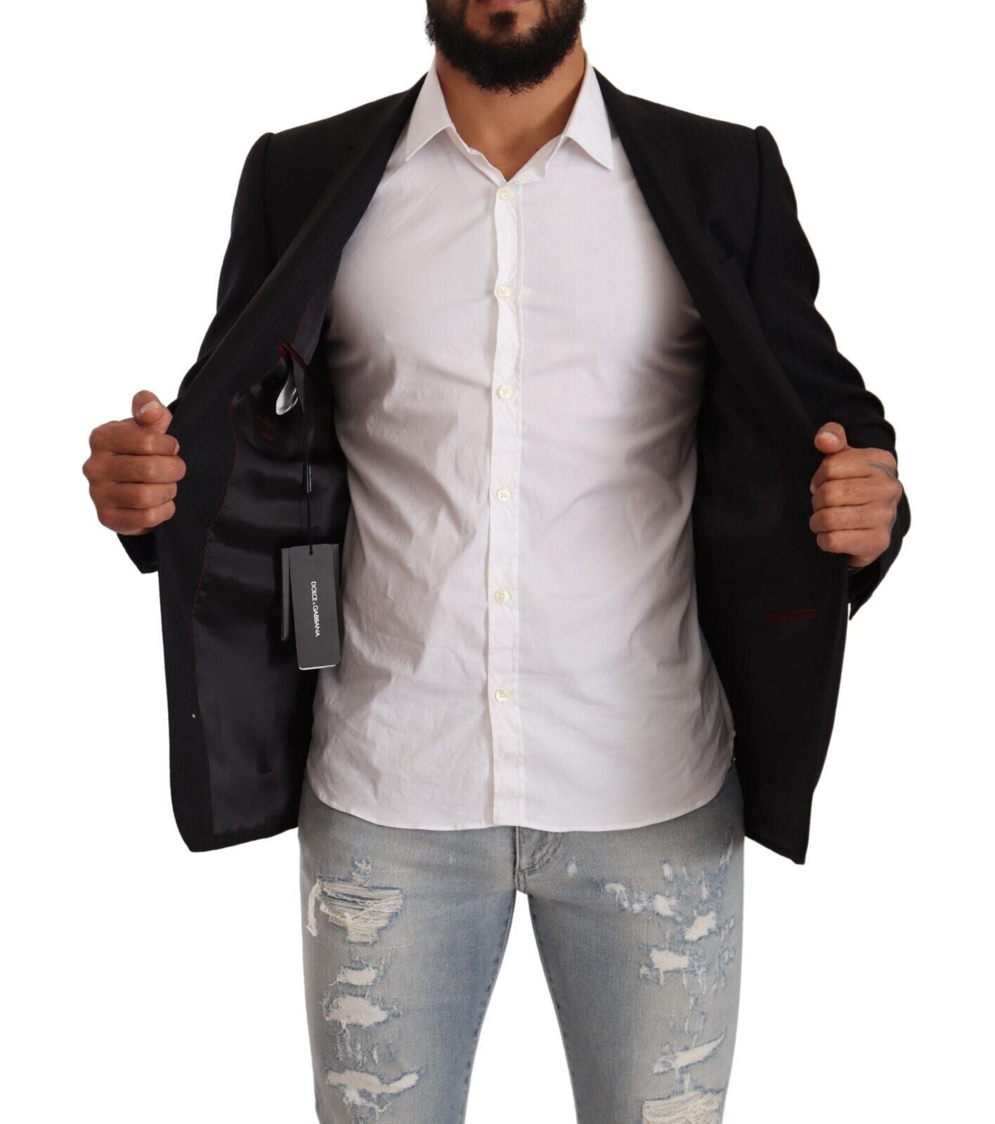 Costume noir en laine Dolce & Gabbana avec veste or à double boutonnage, vue de l'avant.