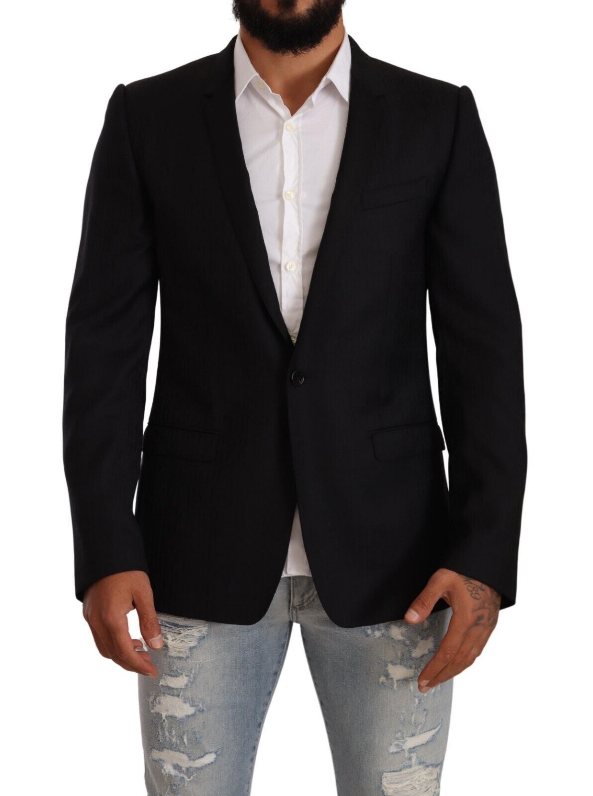 Costume homme Dolce & Gabbana en laine noire à double boutonnage avec veste or, élégant et sophistiqué.