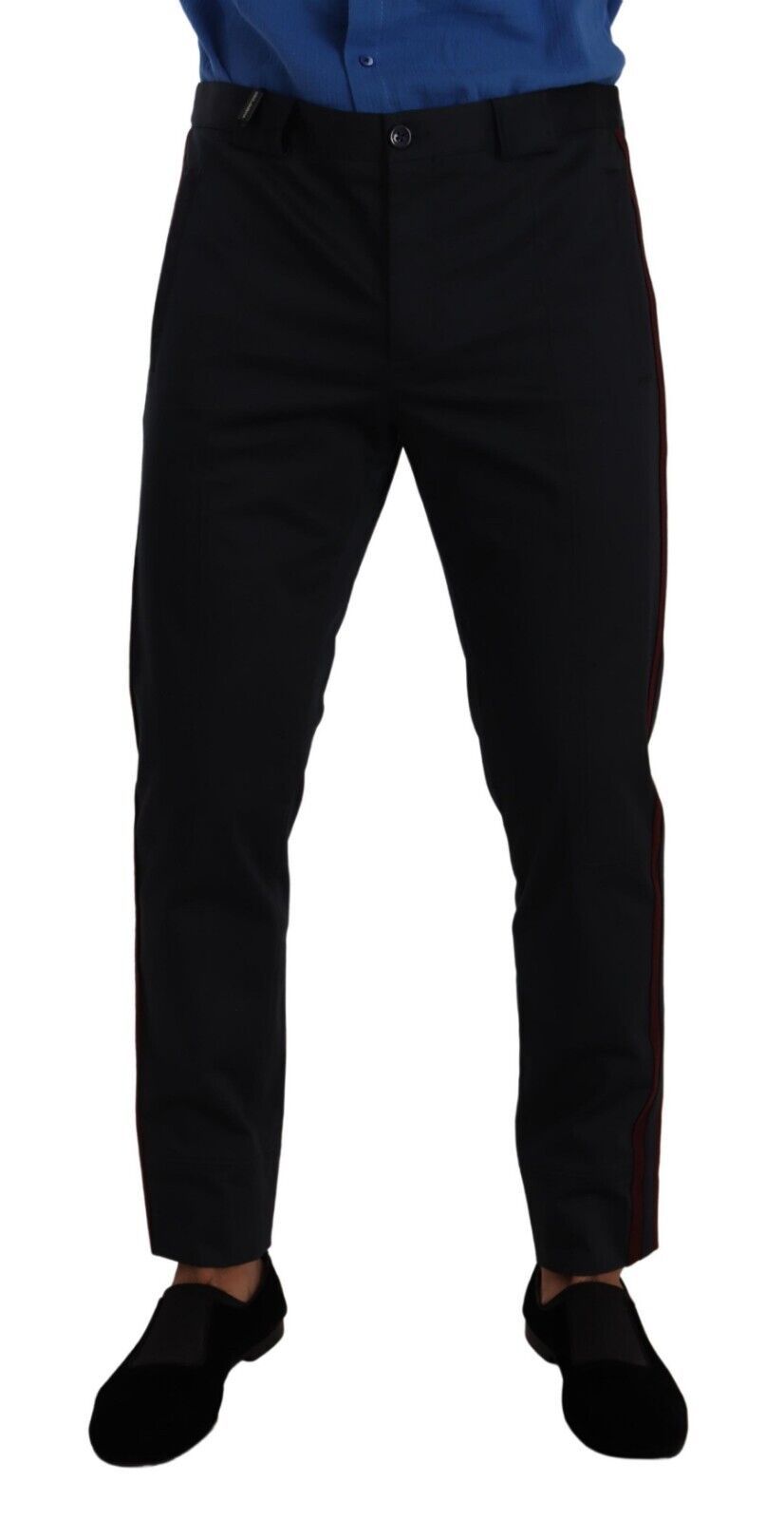 Pantalons chino skinny en coton bleu Bordeaux de Dolce & Gabbana, vue de face avec fermeture et poches visibles