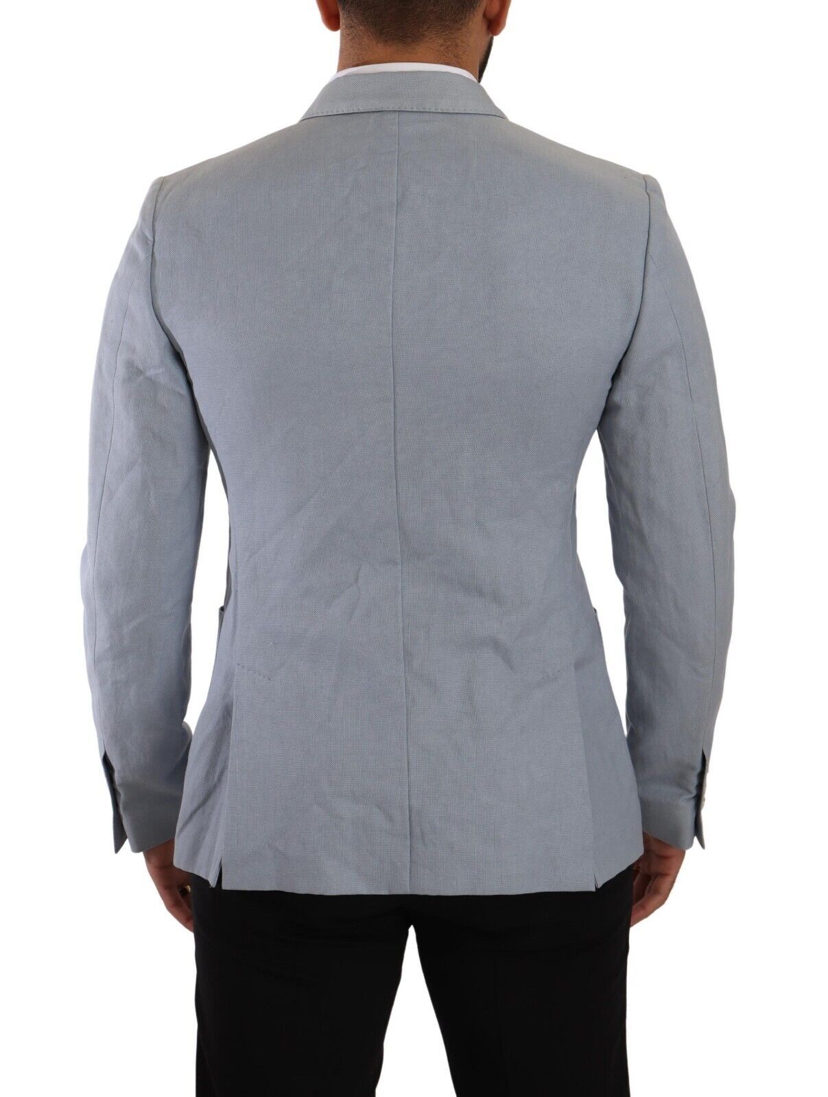 Veste blazer en coton et lin bleu de coupe slim de Dolce & Gabbana, élégante et légère, visible sur le produit.
