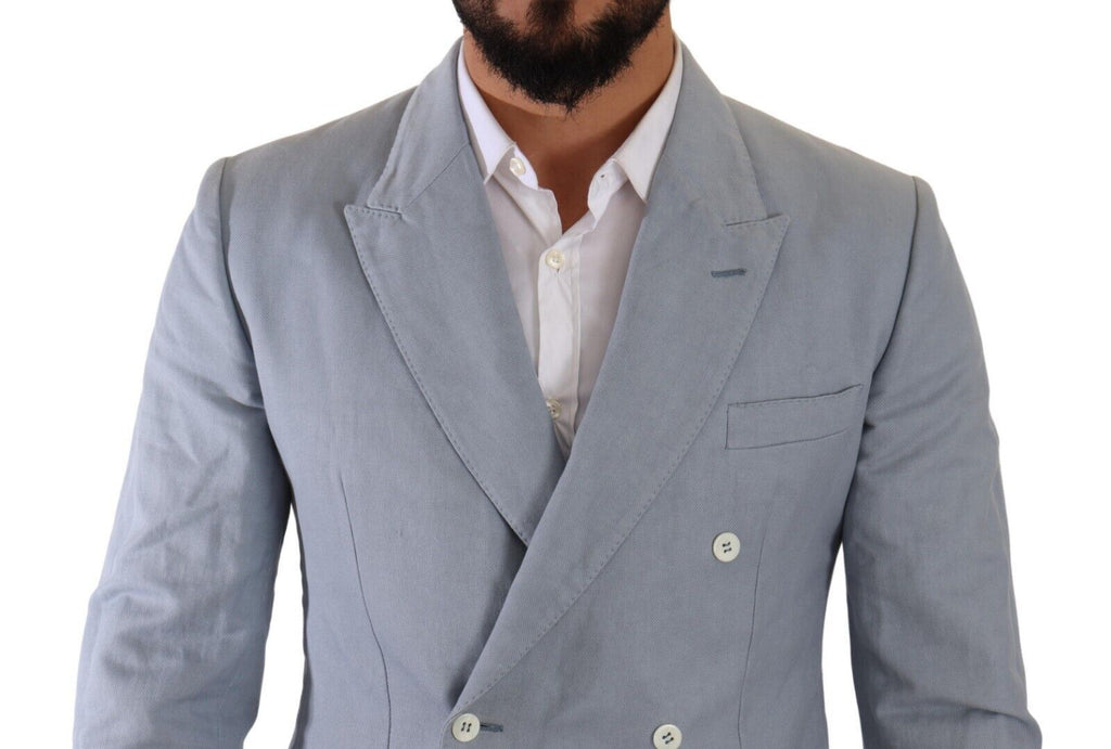 Veste blazer en coton et lin bleu Dolce & Gabbana, coupe slim fit, élégante et légère, portée sur un mannequin.