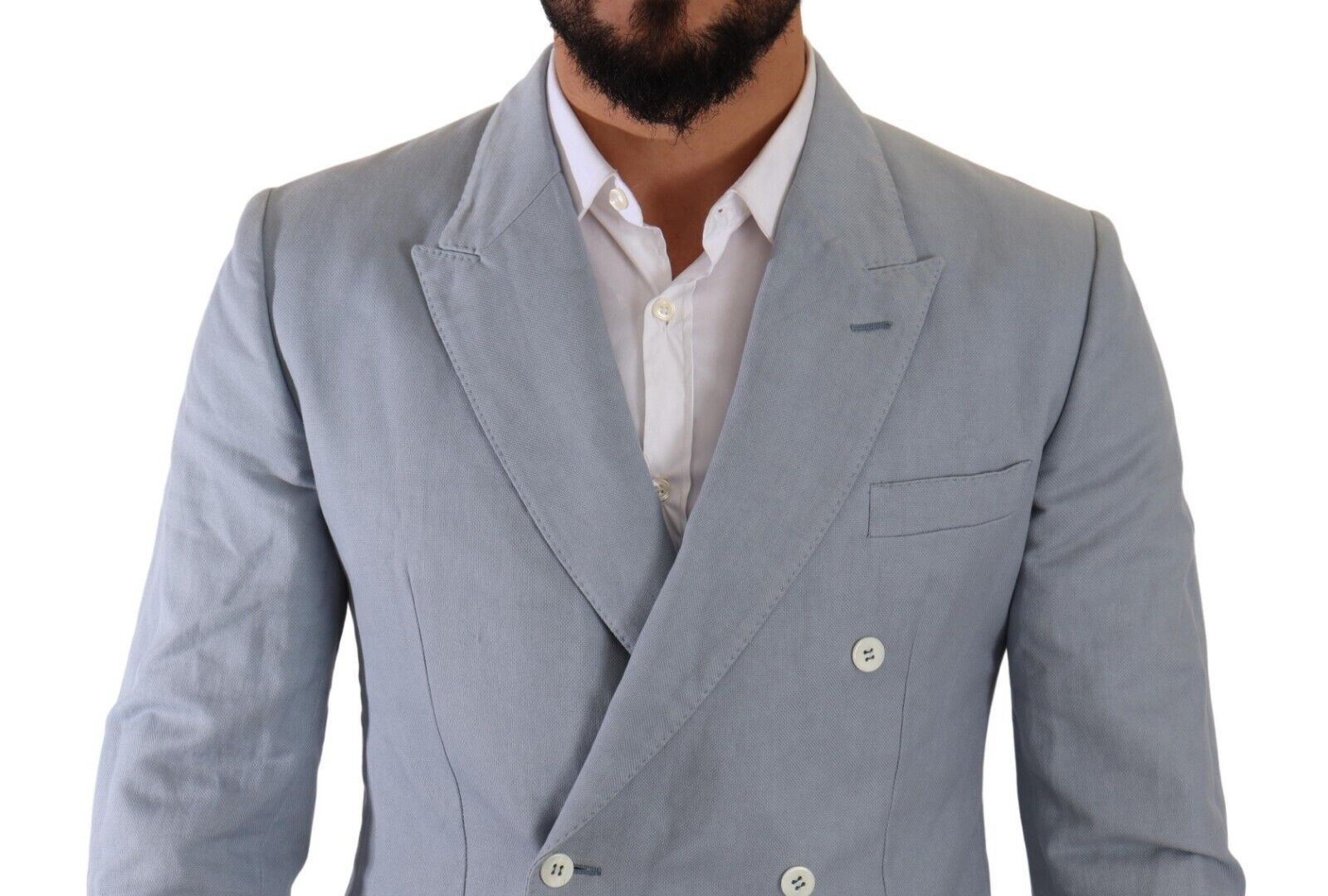 Veste blazer en coton et lin bleu Dolce & Gabbana, coupe slim fit, élégante et légère, portée sur un mannequin.