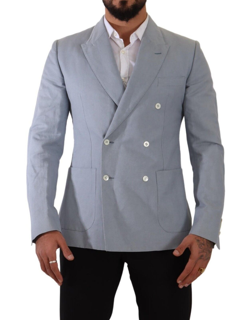 Veste blazer slim fit en coton et lin bleu de Dolce & Gabbana, élégante et légère, pour un style sophistiqué.