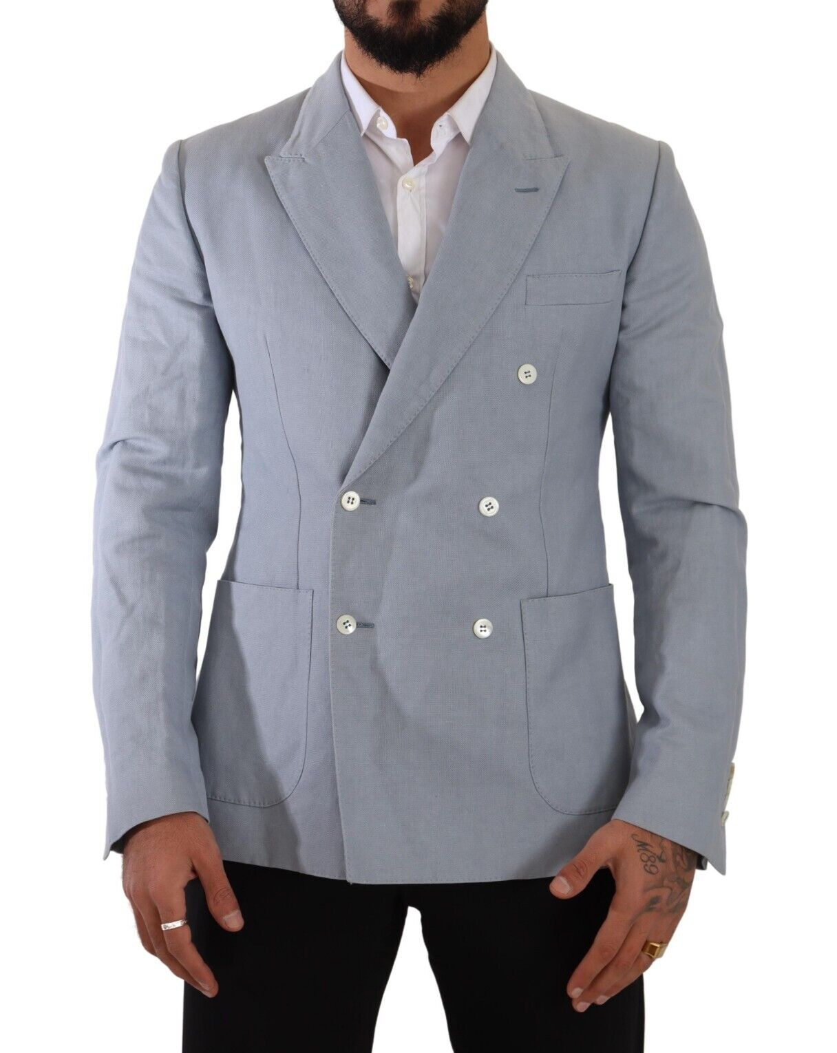Veste blazer Dolce & Gabbana en coton et lin bleu, coupe slim fit, vêtement élégant pour homme, vue de face.