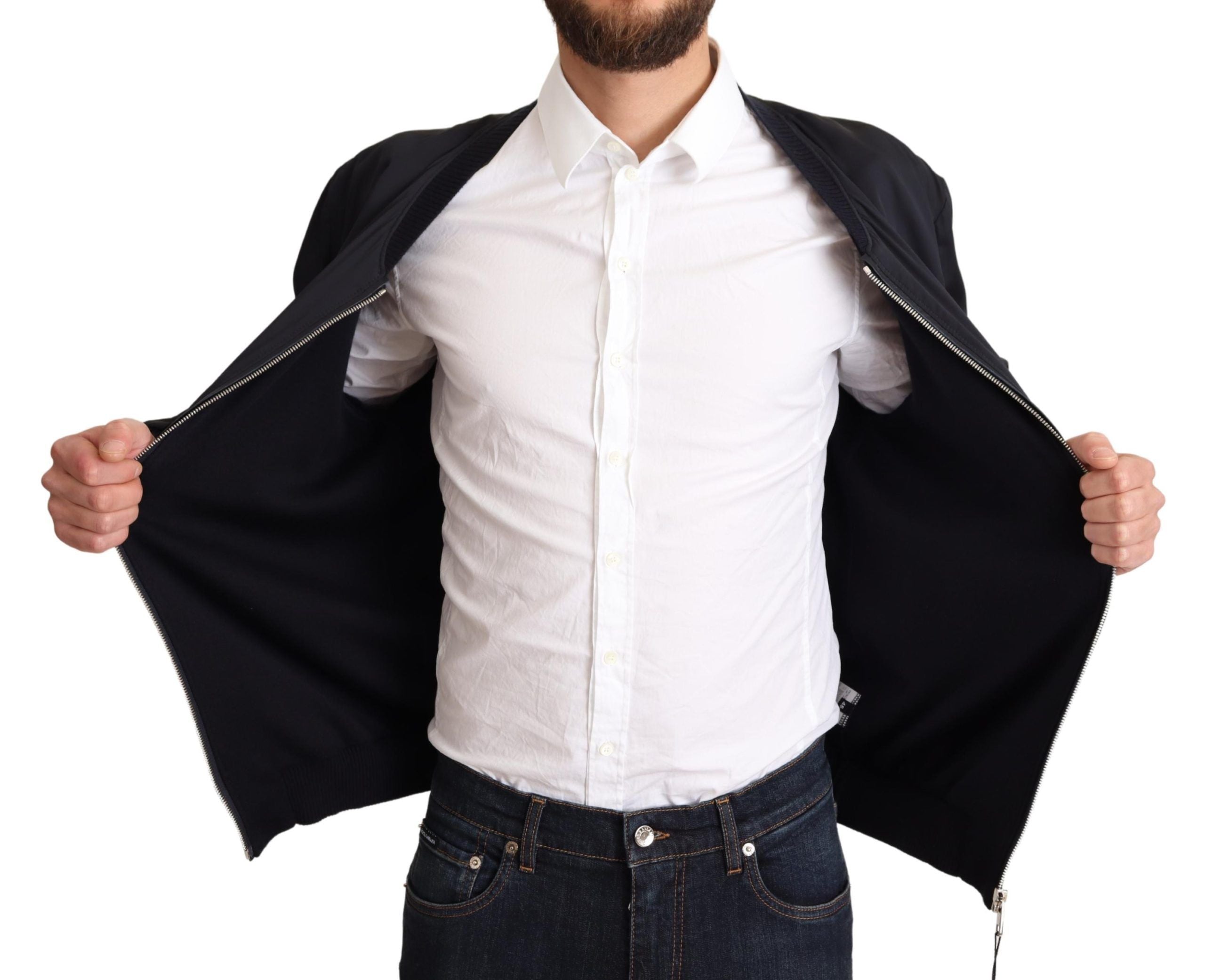 Veste courte bomber en soie bleue pour homme de Dolce & Gabbana, avec col et design élégant, visible en détail dans l'image.