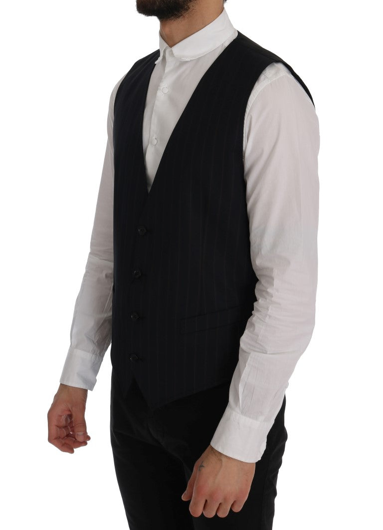 Gilet ajusté en laine bleue de Dolce & Gabbana, sans manches, avec col en V et détails élégants pour homme.