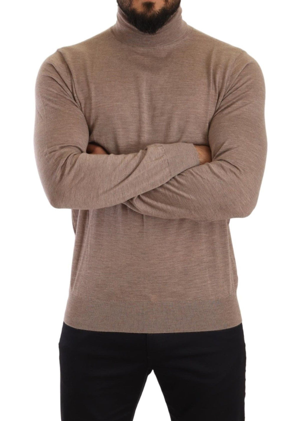 Pull en cachemire marron Dolce & Gabbana à col roulé, doux et élégant, porté sur un mannequin.