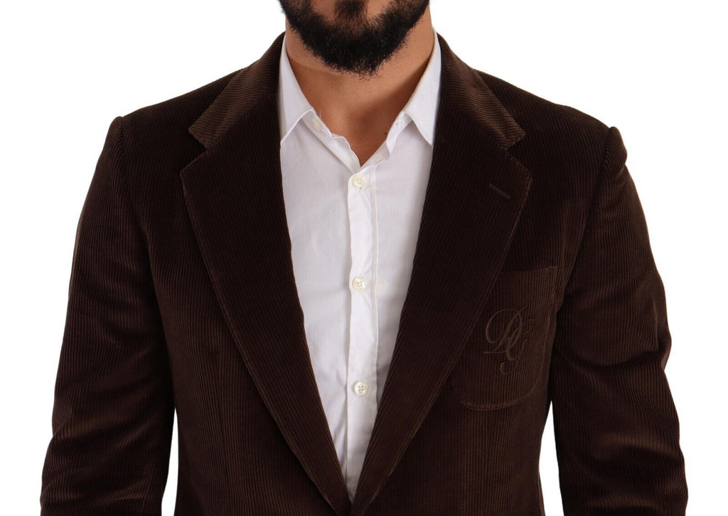 Manteau slim en velours côtelé marron Dolce & Gabbana avec logo DG, blazer élégant et ajusté.
