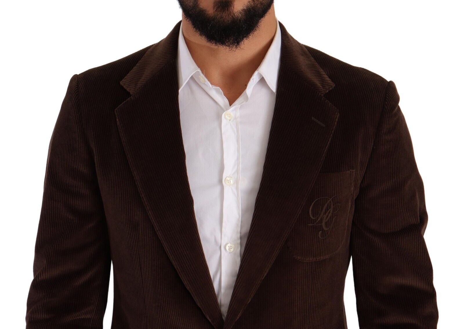 Manteau slim en velours côtelé marron Dolce & Gabbana avec logo DG, blazer élégant et ajusté.