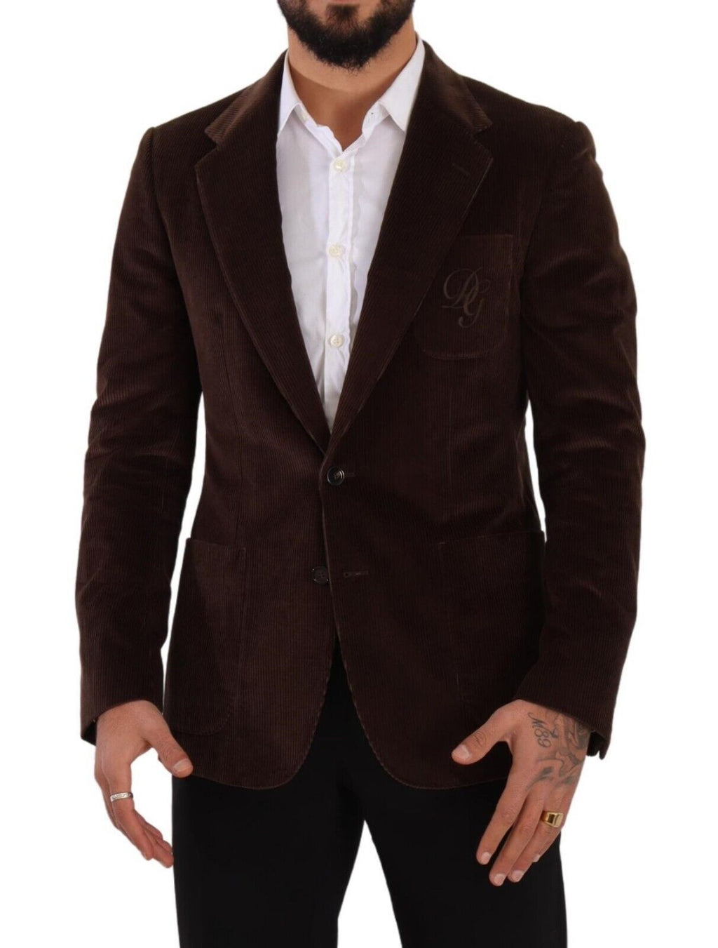 Veste blazer Dolce & Gabbana en velours côtelé marron, coupe slim fit avec logo DG visible sur le devant.