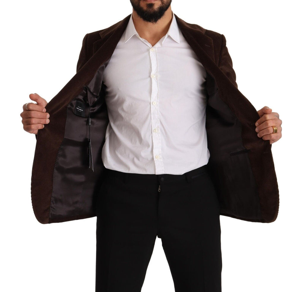 Veste blazer slim en velours côtelé marron Dolce & Gabbana avec logo DG visible, élégante et sophistiquée.
