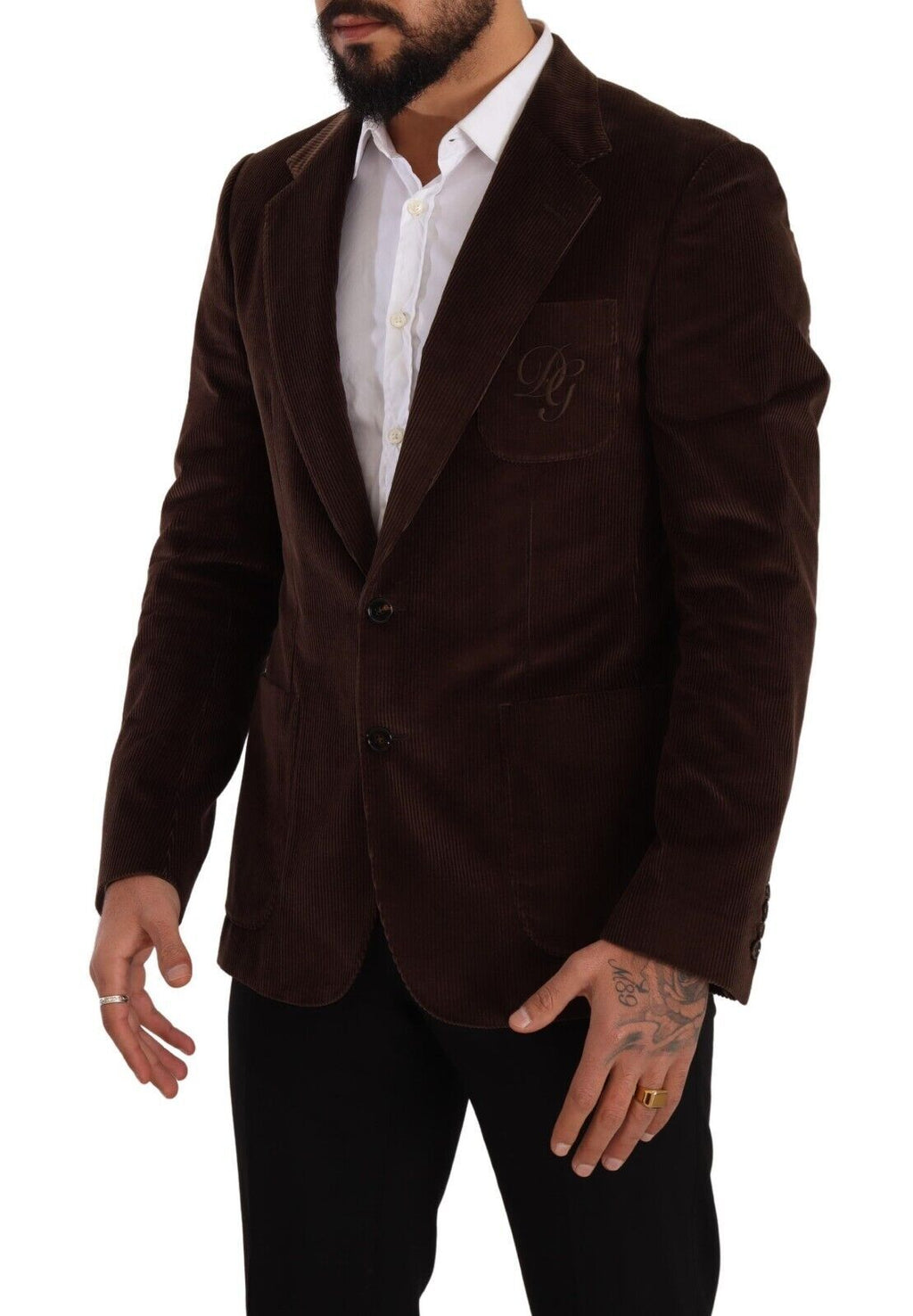 Blazer homme Dolce & Gabbana en velours côtelé marron, coupe slim, logo DG visible, mode élégante et sophistiquée.