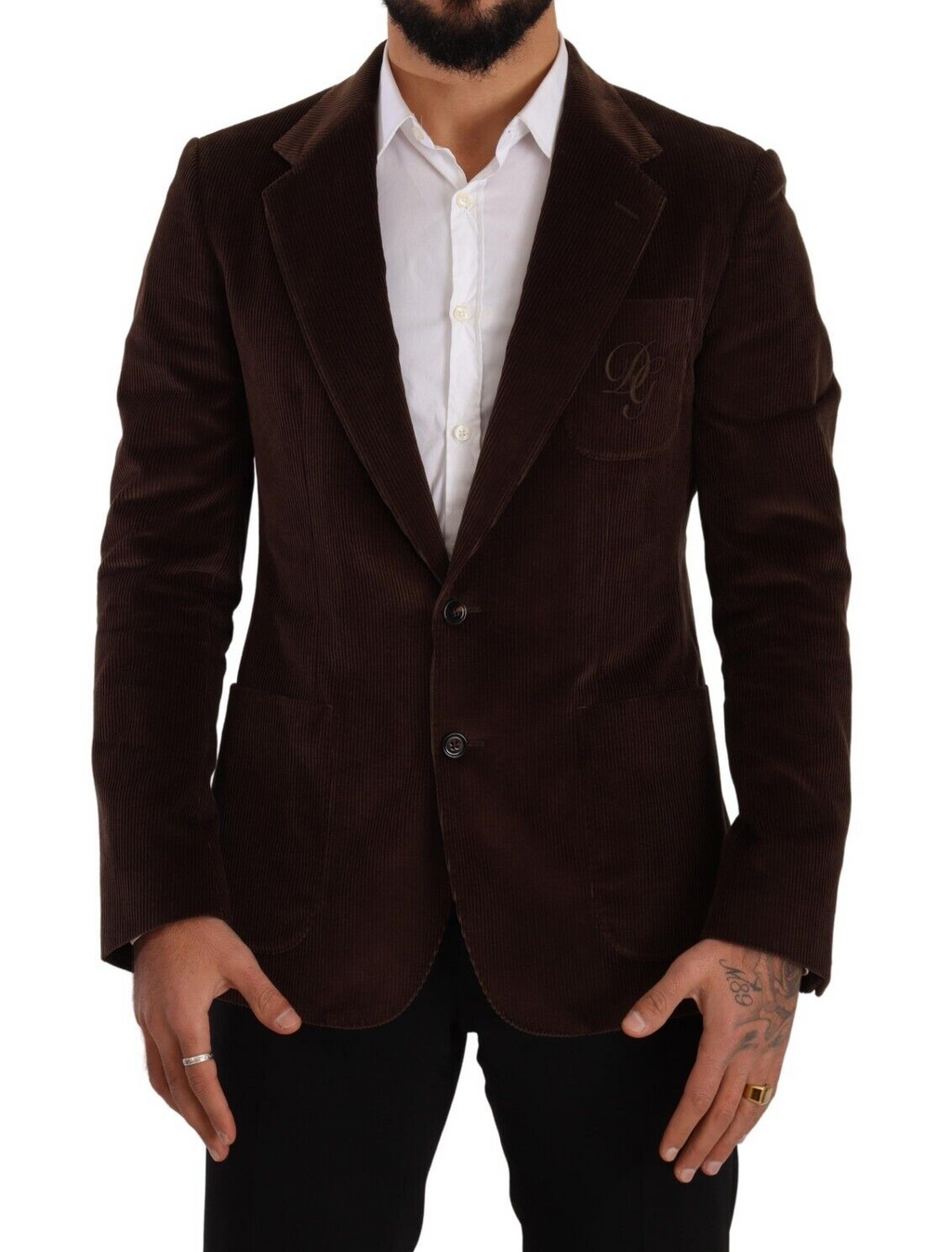Veste slim en velours côtelé marron Dolce & Gabbana avec logo DG, coupe ajustée et style élégant.