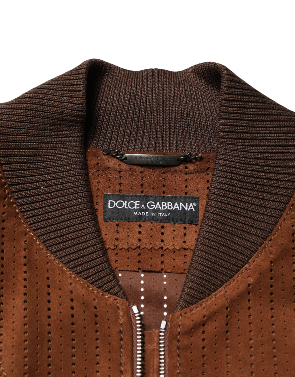Veste en cuir de veau marron en velours Dolce & Gabbana, veste biker à fermeture éclair complète, style élégant et moderne