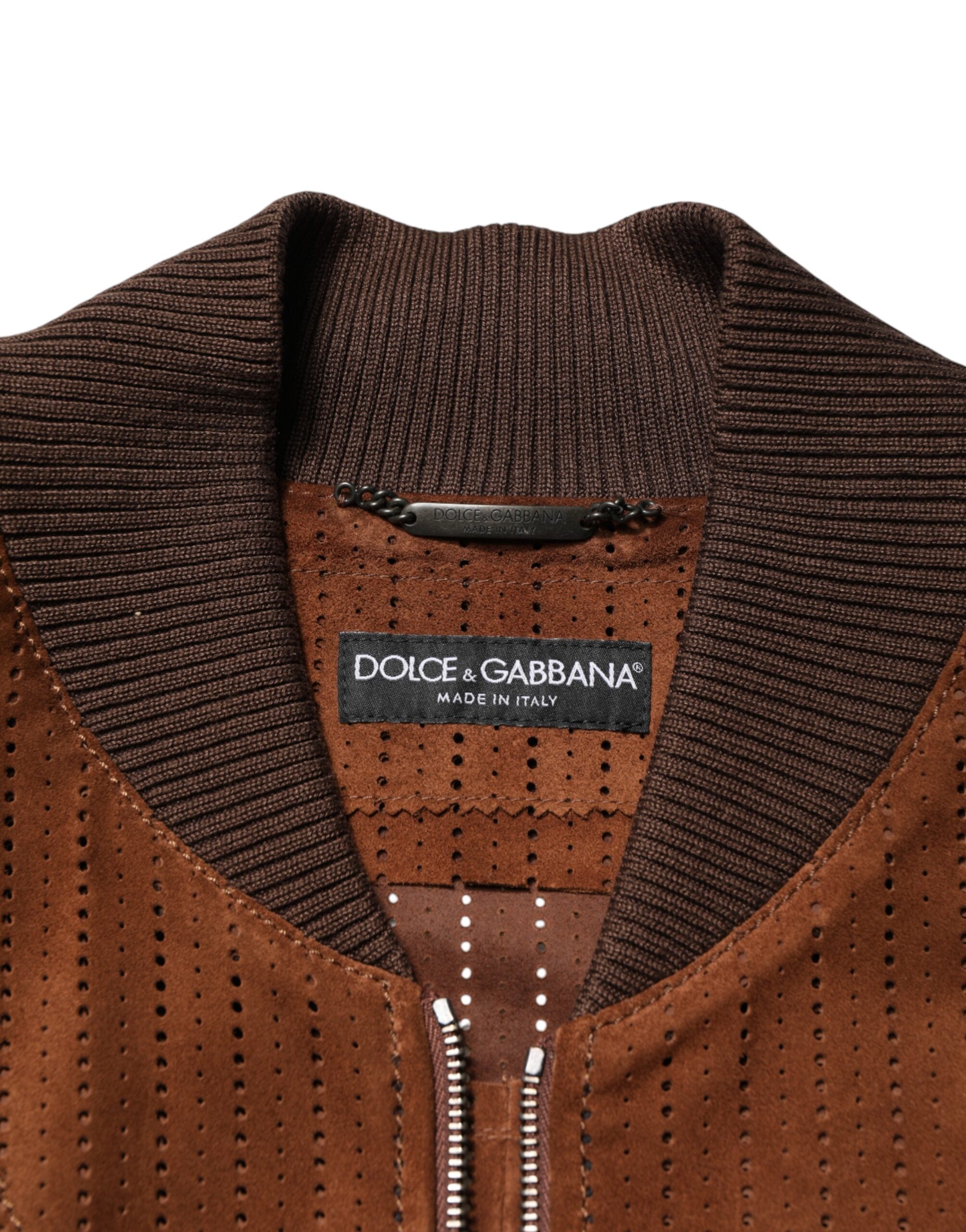 Veste en cuir de veau marron en velours Dolce & Gabbana, veste biker à fermeture éclair complète, style élégant et moderne