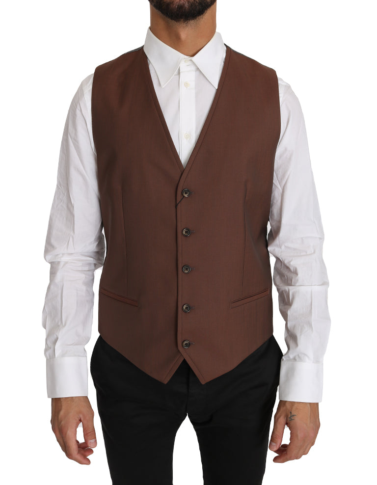 Gilet en laine et soie marron de Dolce & Gabbana, veste cintrée élégante avec détails sophistiqués.