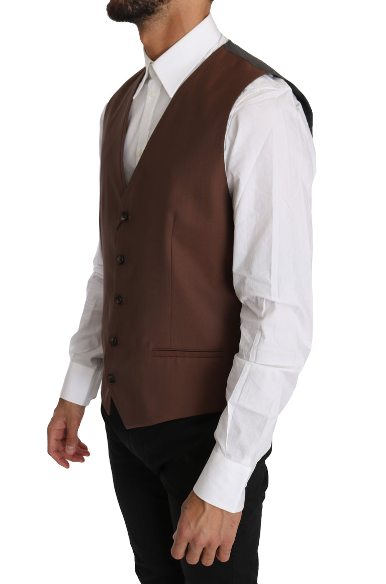 Gilet en laine et soie marron de Dolce & Gabbana, veste cintrée élégante avec détails sophistiqués.