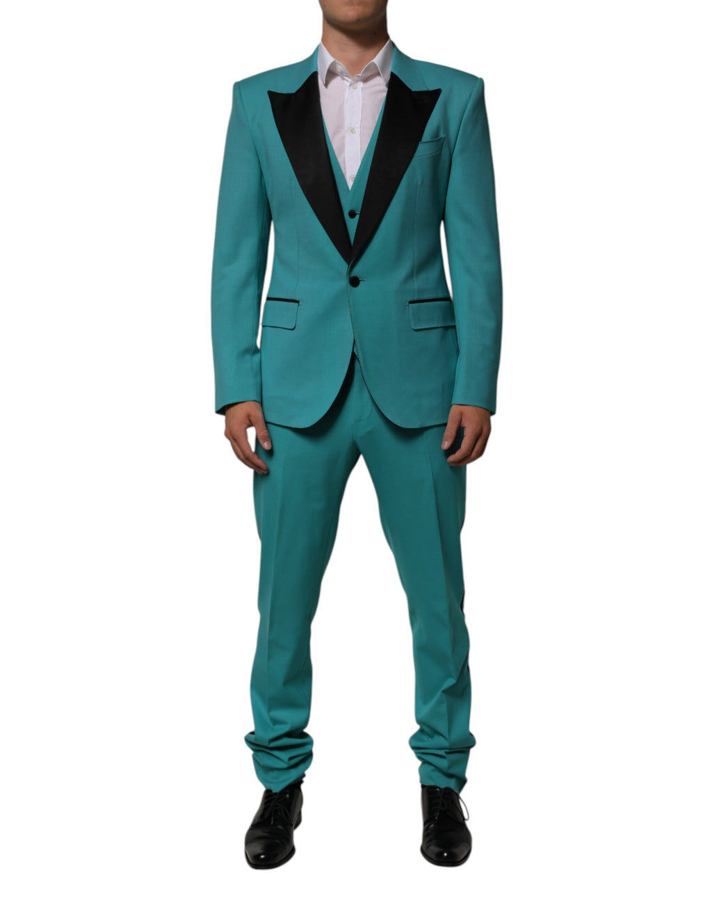 Costume en laine et soie Dolce & Gabbana Cyan 3 pièces Sicilia, veste, pantalon et gilet élégants pour homme.