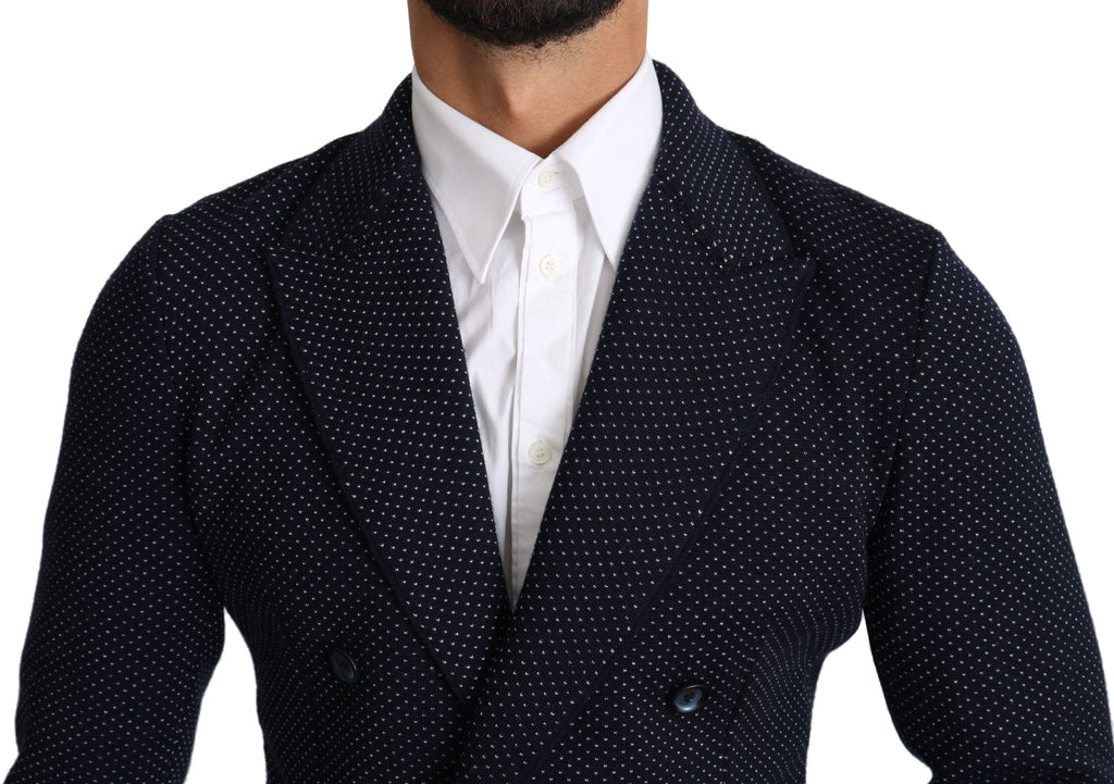 Manteau blazer double boutonnage bleu foncé à pois Dolce & Gabbana pour homme, tissu élégant et style sophistiqué.