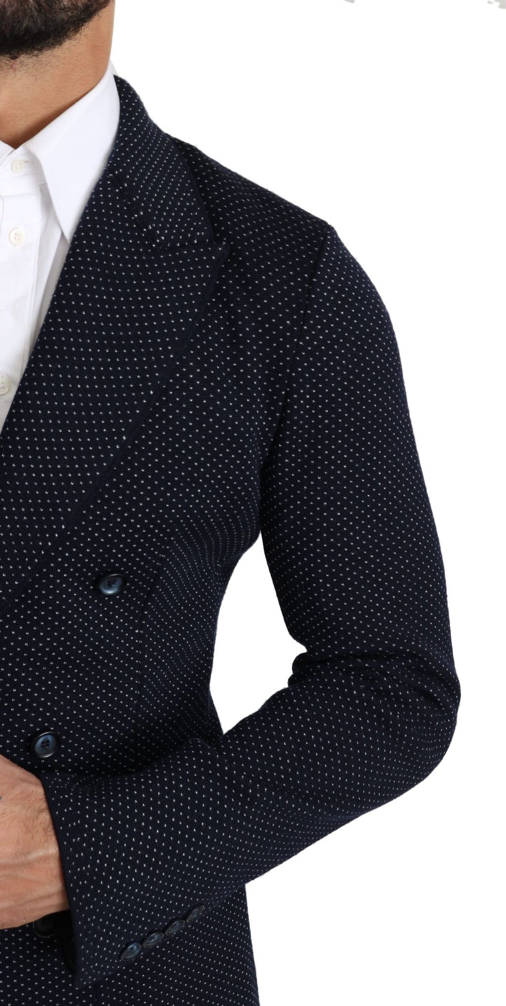 Manteau blazer double boutonnage bleu foncé à pois Dolce & Gabbana, style élégant avec détails sophistiqués.