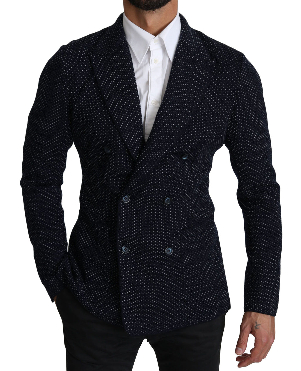 Manteau blazer bleu foncé à pois de Dolce & Gabbana, double boutonnage, style élégant et sophistiqué.