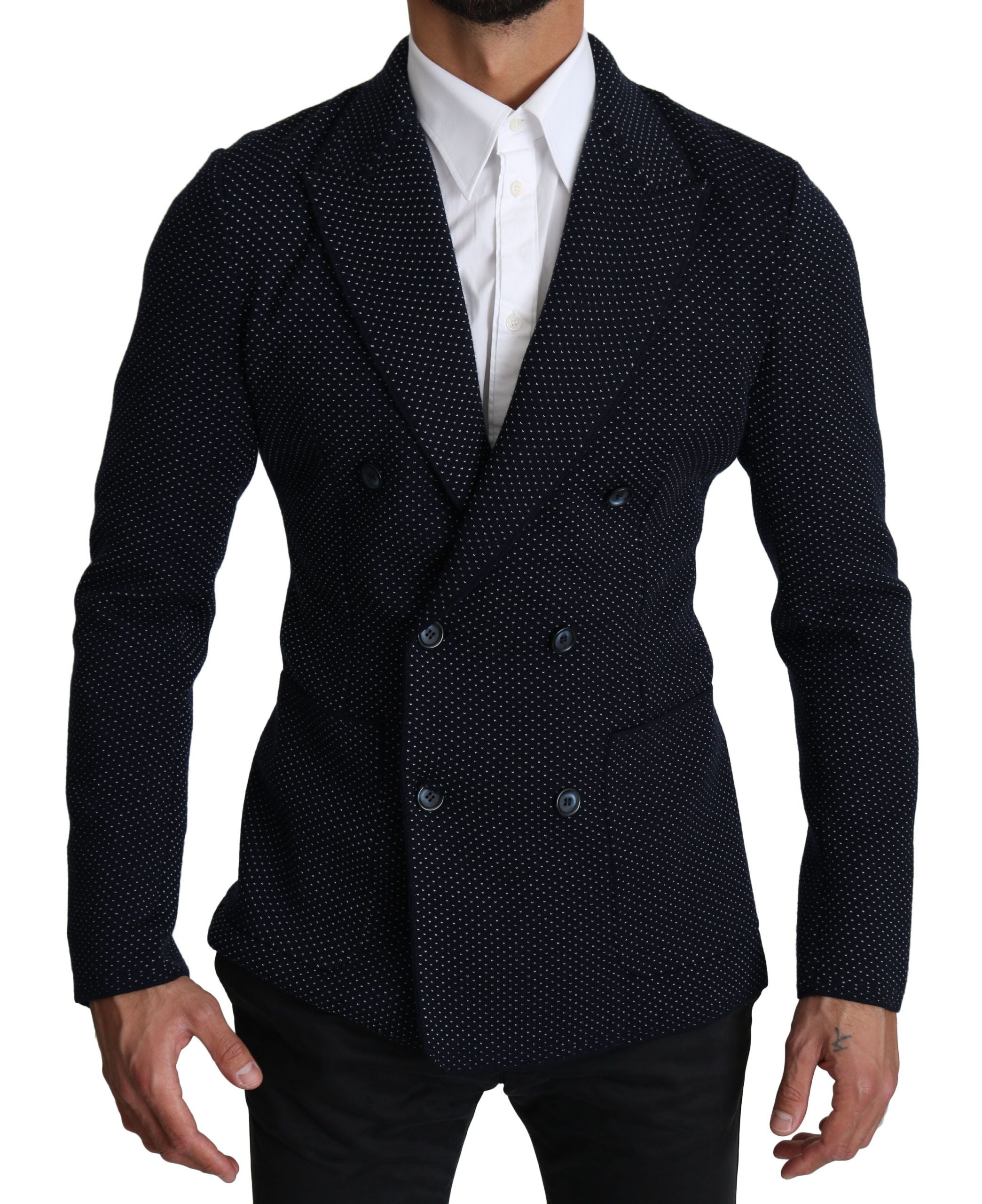 Blazer Dolce & Gabbana bleu foncé à pois, double boutonnage, coupe élégante, porté sur un mannequin.