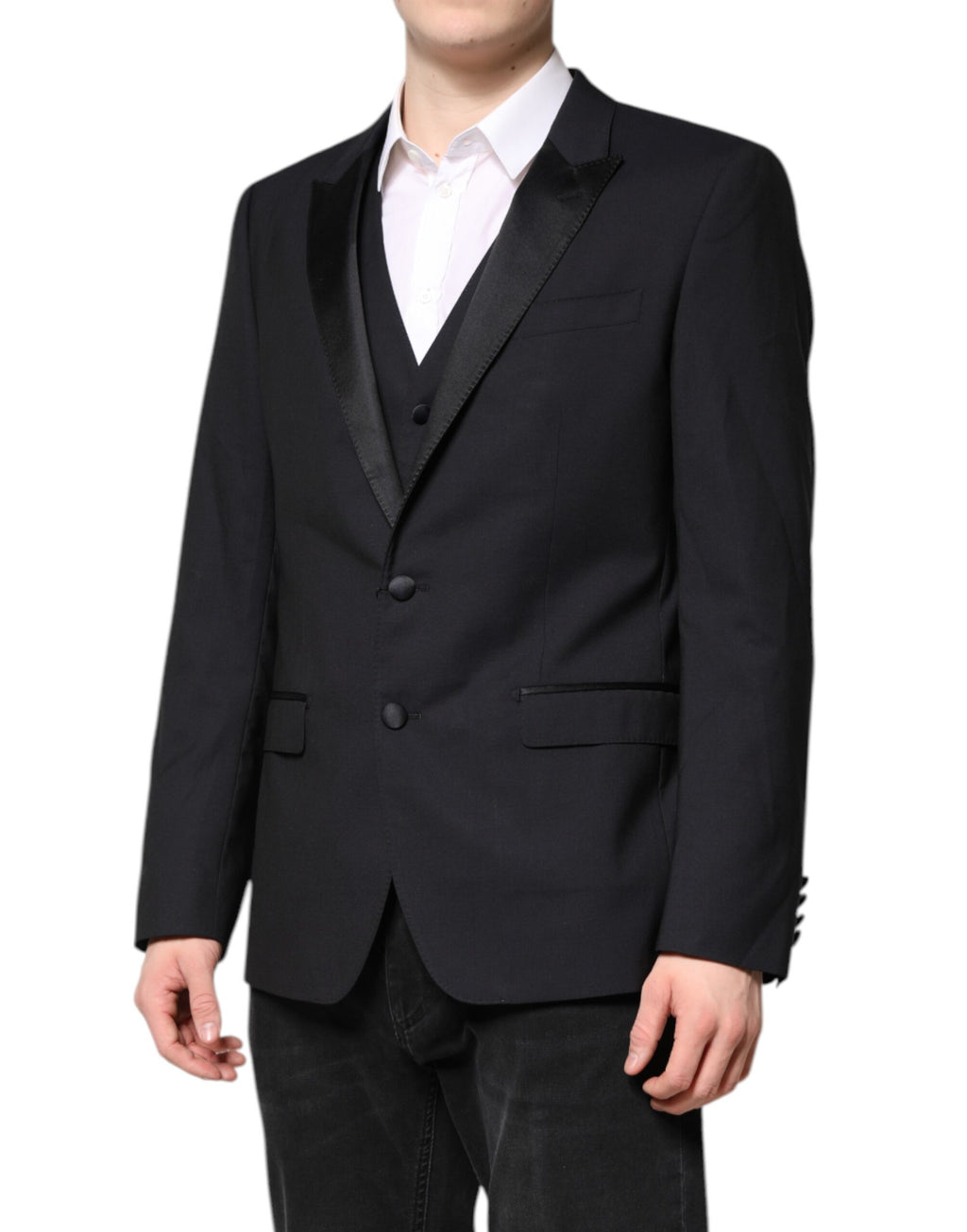 Costume en laine bleu foncé Dolce & Gabbana MARTINI, ensemble 2 pièces avec veste élégante et couture sophistiquée.