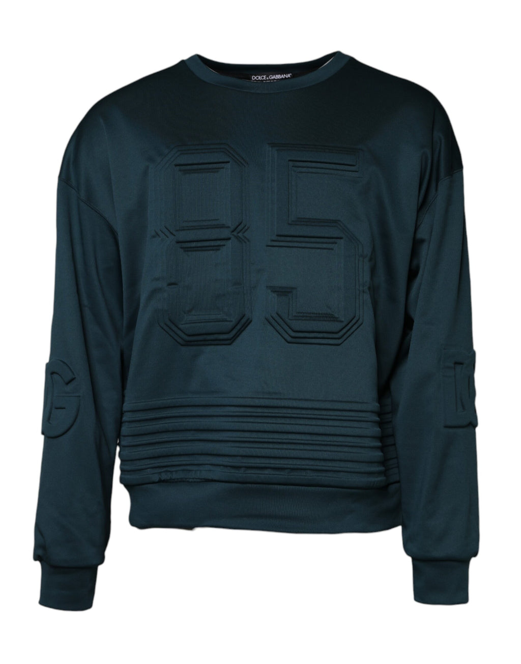 Pull-over Dolce & Gabbana vert foncé avec logo embossé, en maille douce et tendance, porté sur un mannequin.