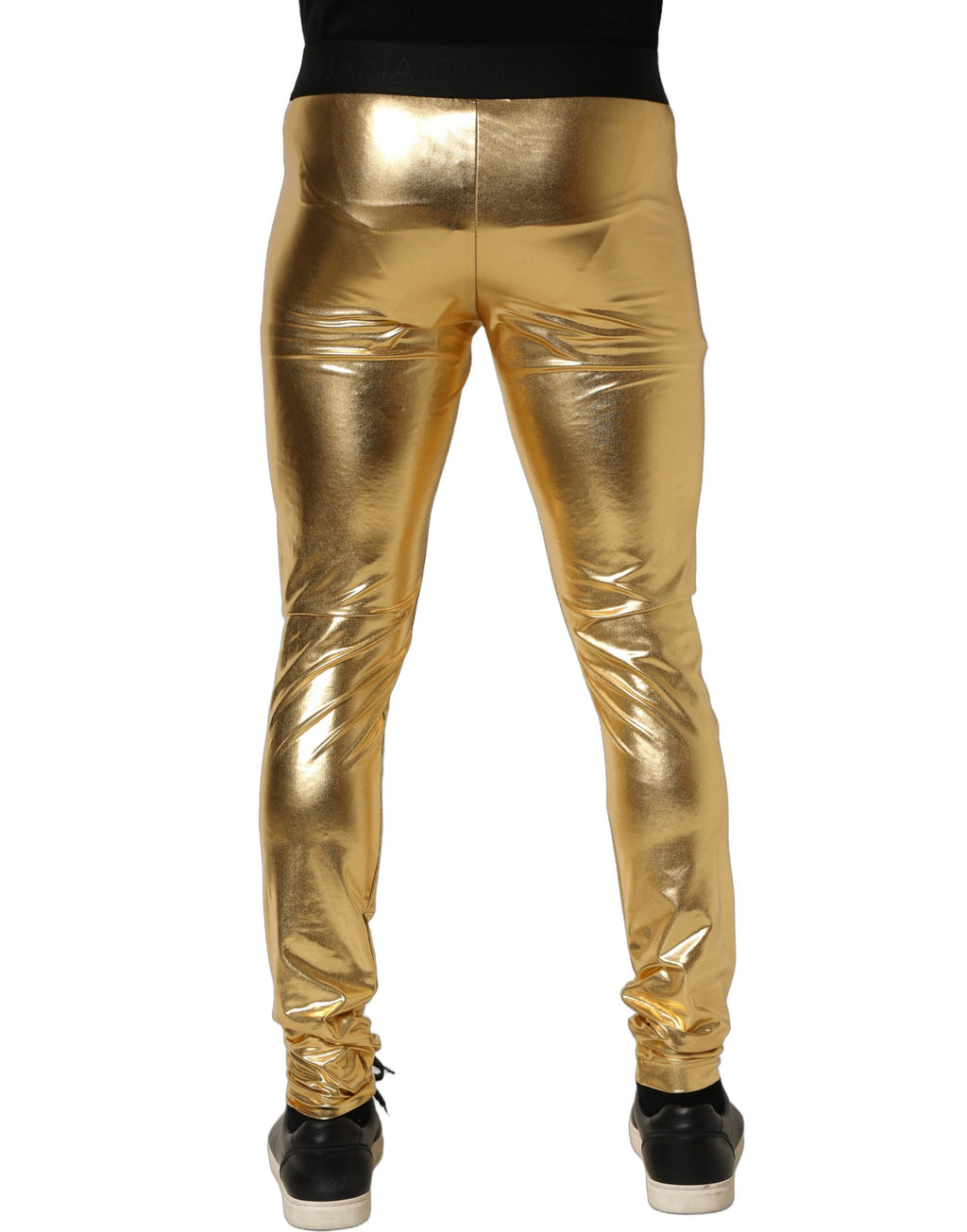 Pantalons skinny en polyester métallique doré de Dolce & Gabbana, pantalons élégants et ajustés, en tissu brillant et sophistiqué.