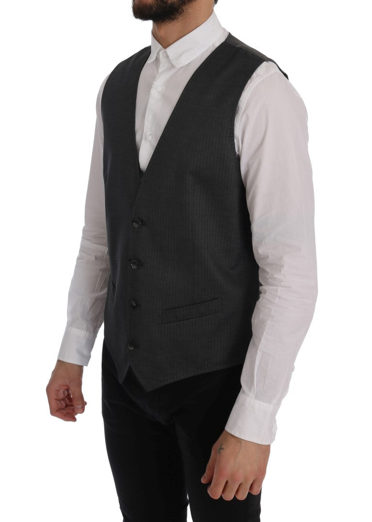Gilet gris Dolce & Gabbana STAFF en coton et rayonne, détail élégant avec fermeture et design moderne.