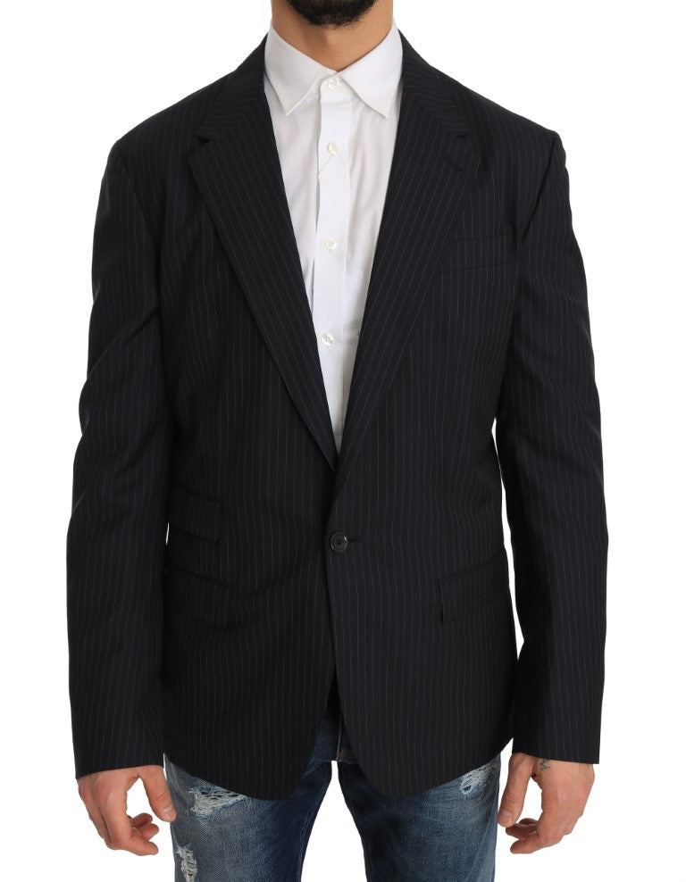Veste blazer en laine grise à rayures élégante de Dolce & Gabbana, coupe slim, style chic et sophistiqué.
