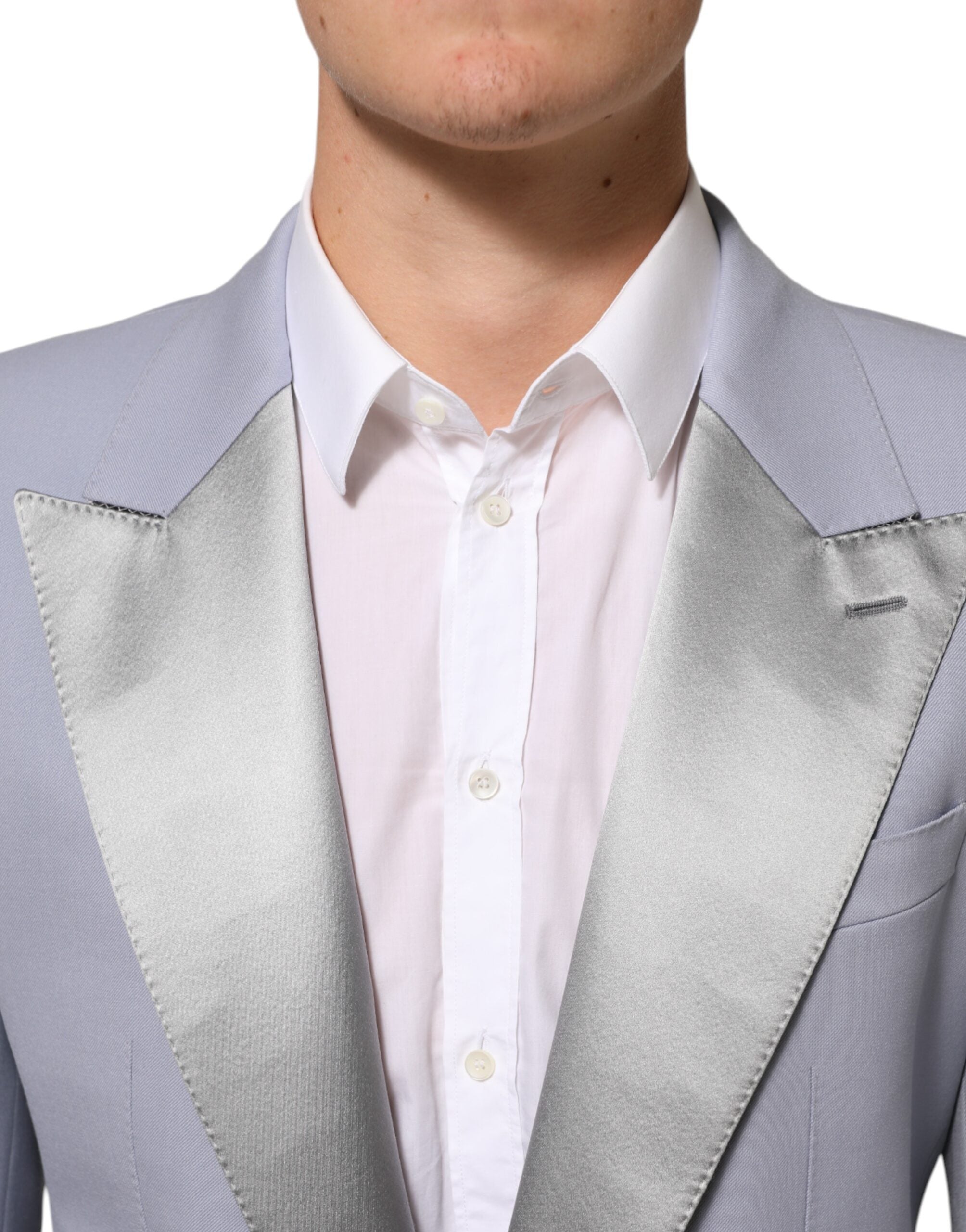 Costume homme Dolce & Gabbana en laine grise Sicilia avec deux boutons, blazer élégant et classique.