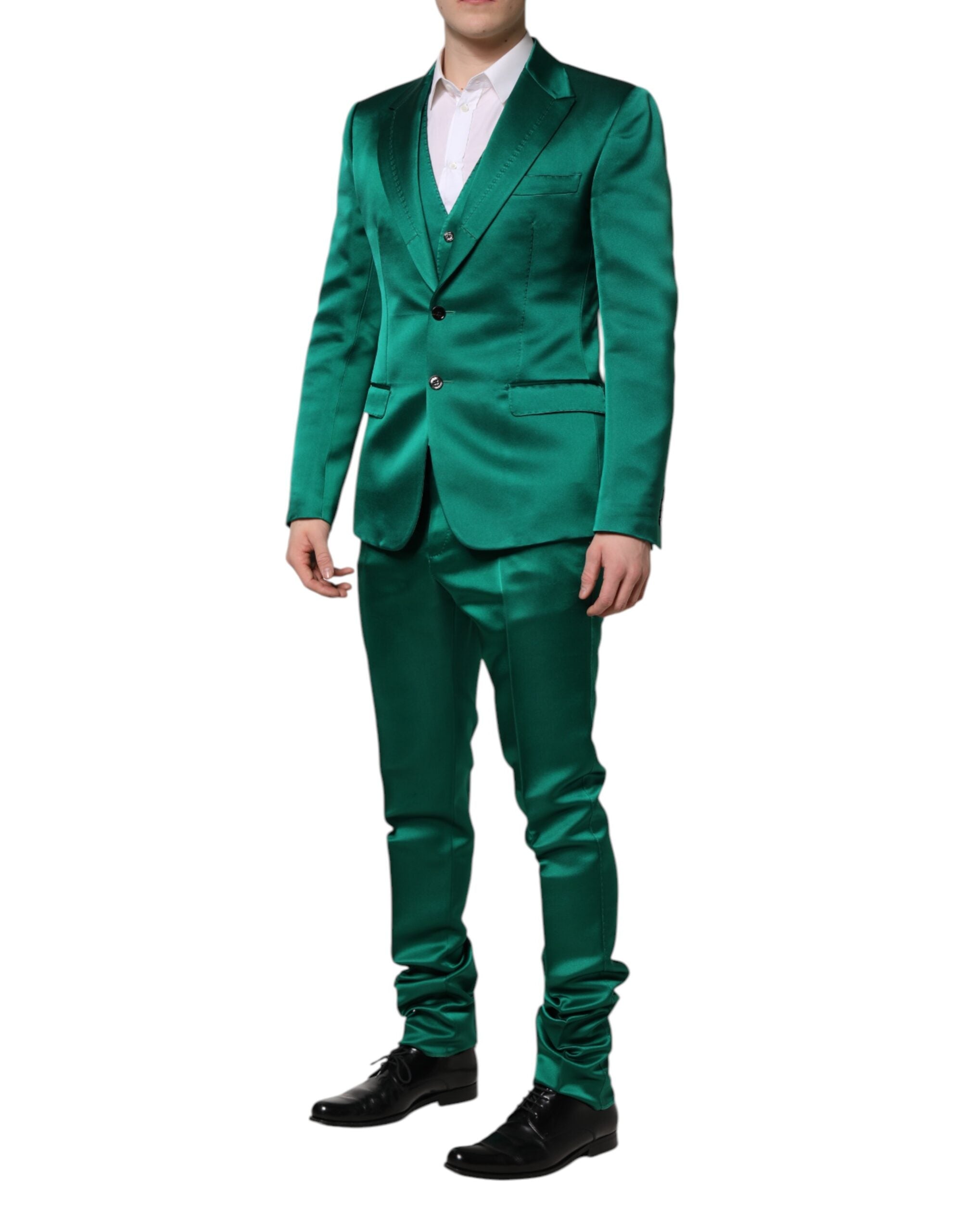 Costume en soie verte Dolce & Gabbana à trois pièces, veste croisée à simple boutonnage, élégance raffinée.