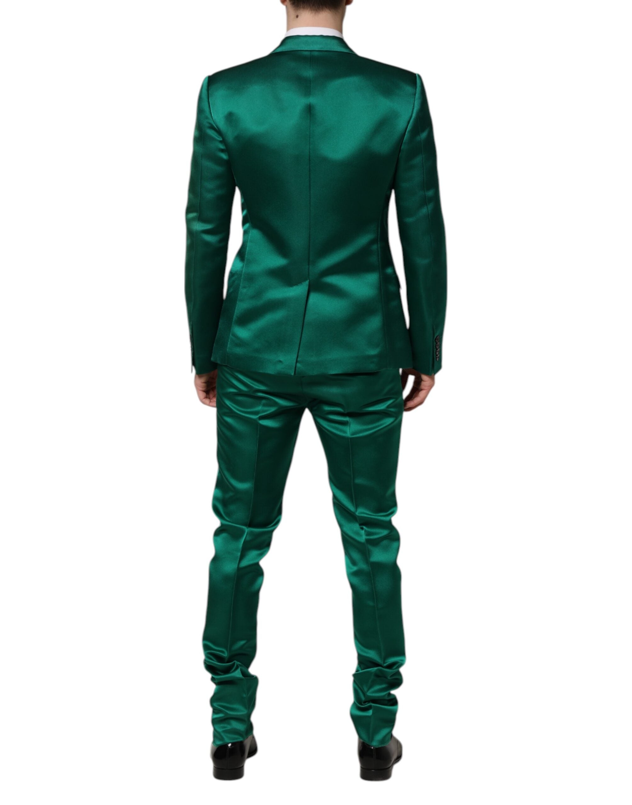 Costume en soie verte Dolce & Gabbana, trois pièces, à simple boutonnage, élégant et sophistiqué pour homme.