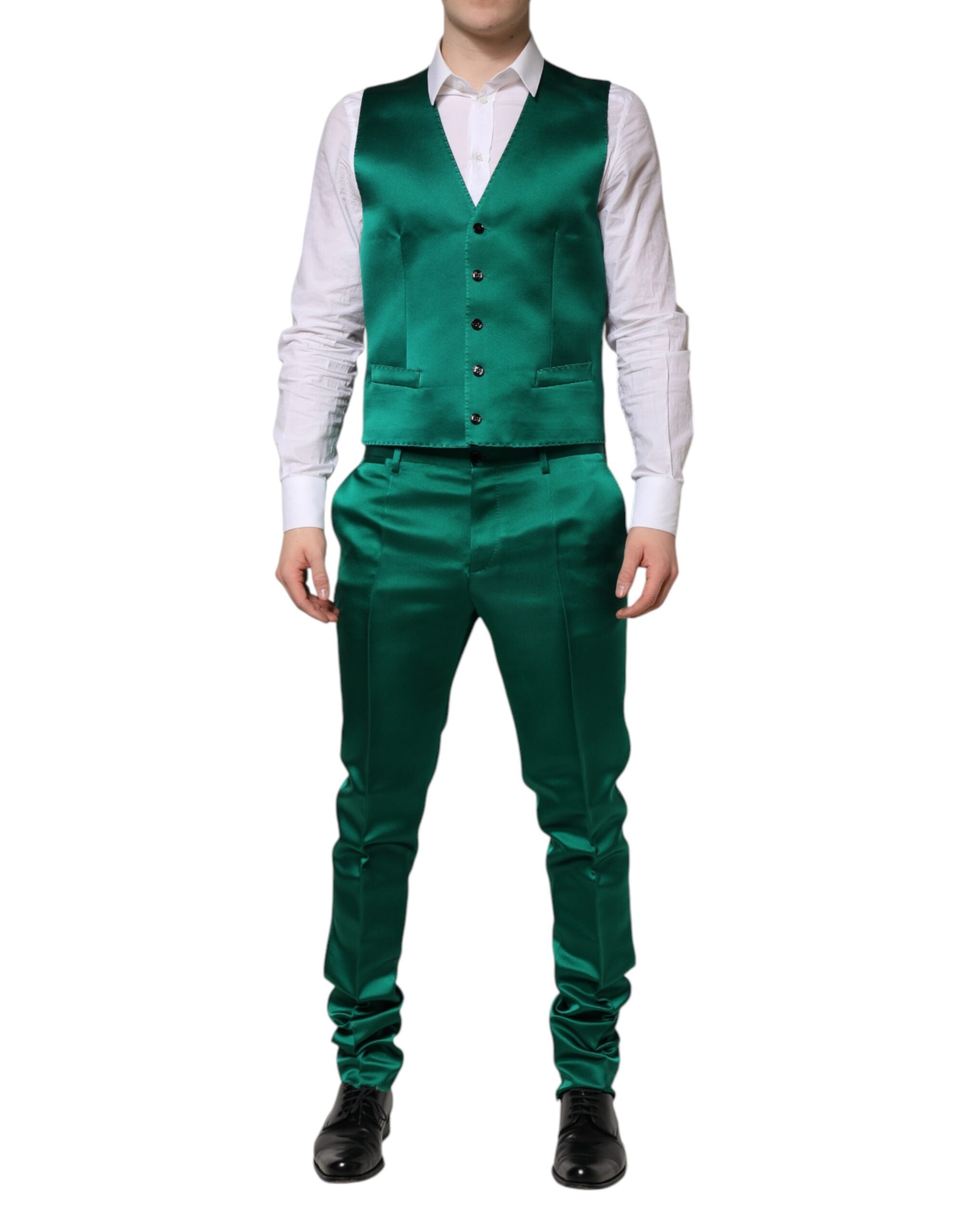 Costume en soie verte Dolce & Gabbana à 3 pièces, costume croisé à simple boutonnage, élégant et sophistiqué.