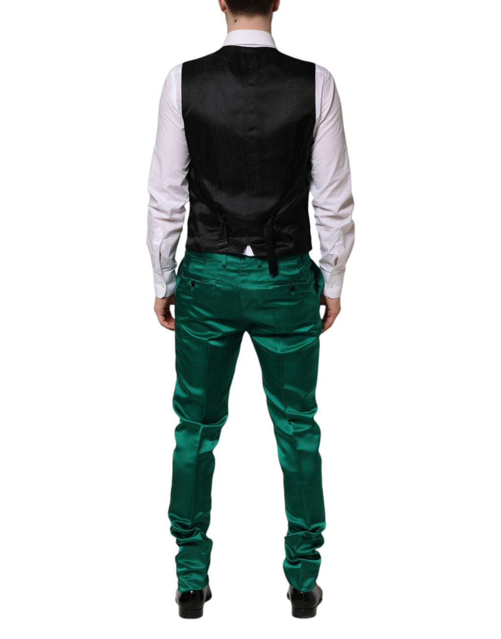 Costume en soie vert Dolce & Gabbana à trois pièces, veste à simple boutonnage, élégant et sophistiqué.