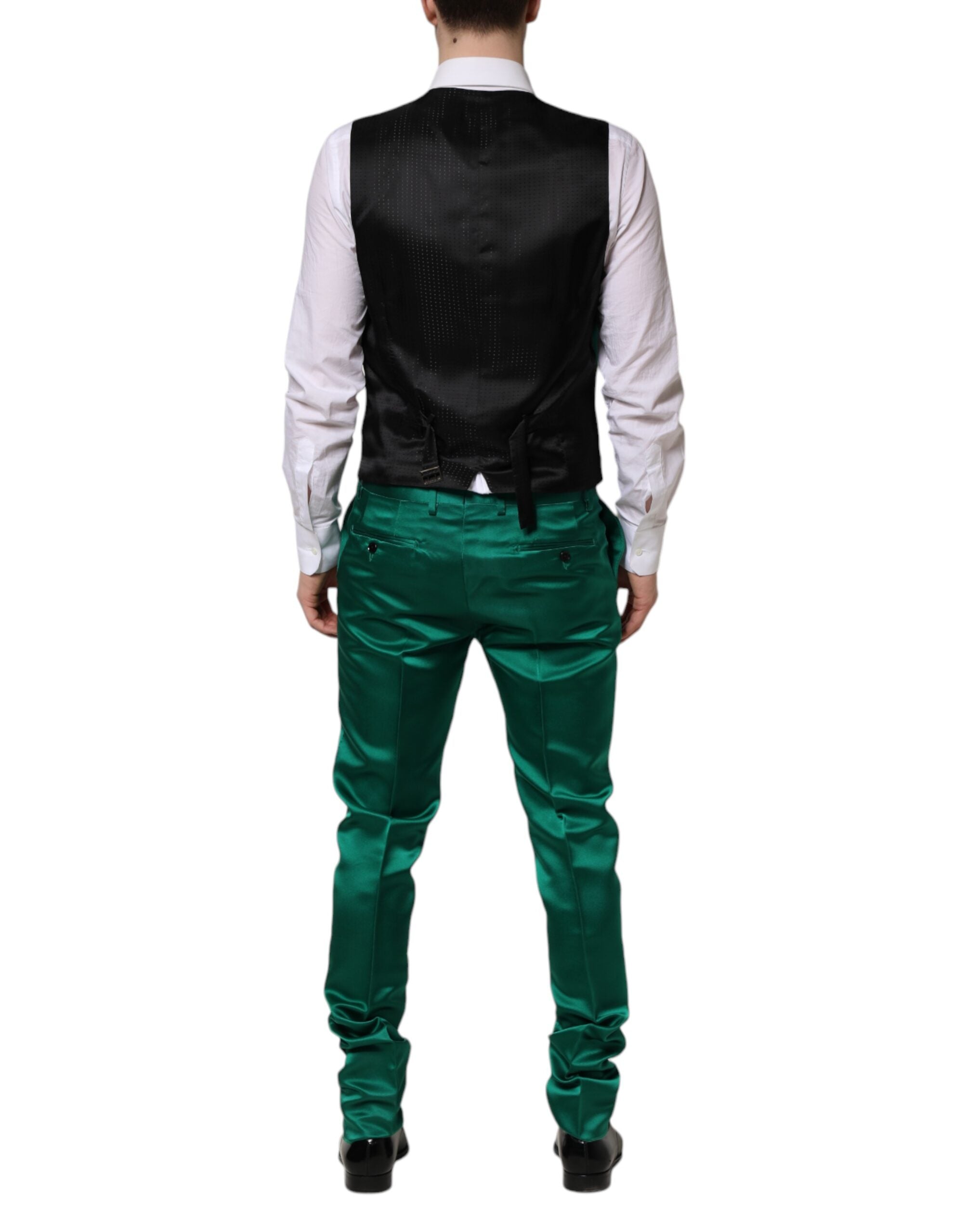 Costume en soie vert Dolce & Gabbana à trois pièces, veste à simple boutonnage, élégant et sophistiqué.