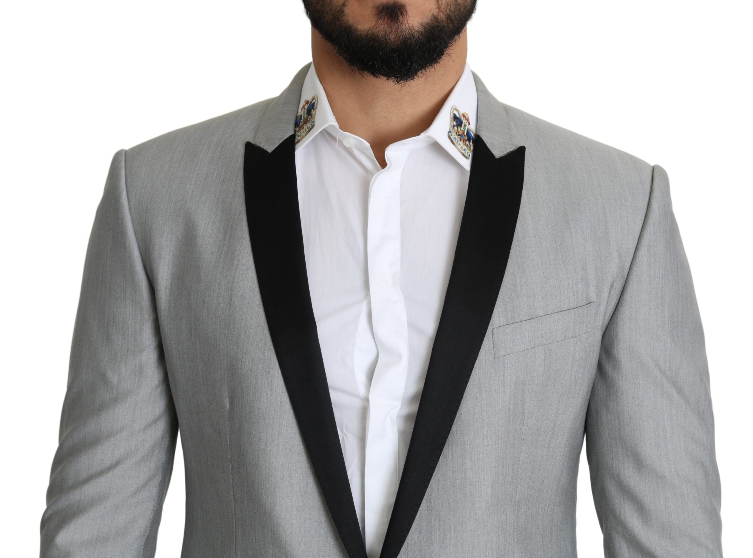 Veste blazer Dolce & Gabbana Light Gray à simple boutonnage, élégante et sophistiquée, vue de face sur un mannequin.