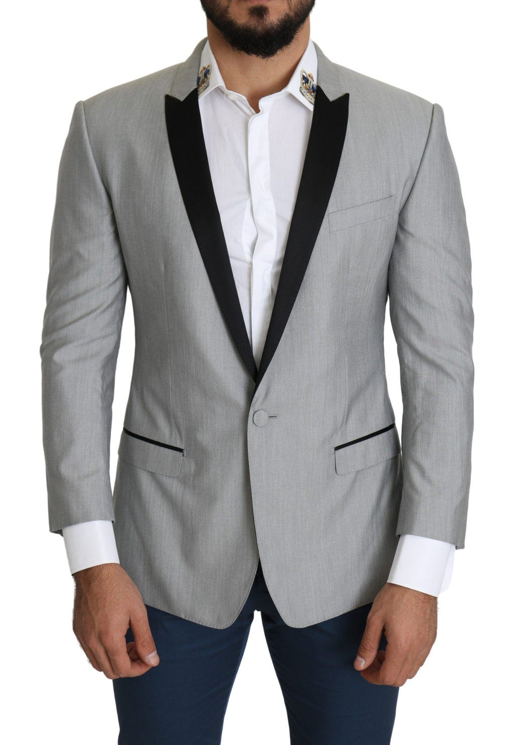 Blazer gris clair Dolce & Gabbana Sartoria à un bouton, col en V, couture élégante, tissu de haute qualité.