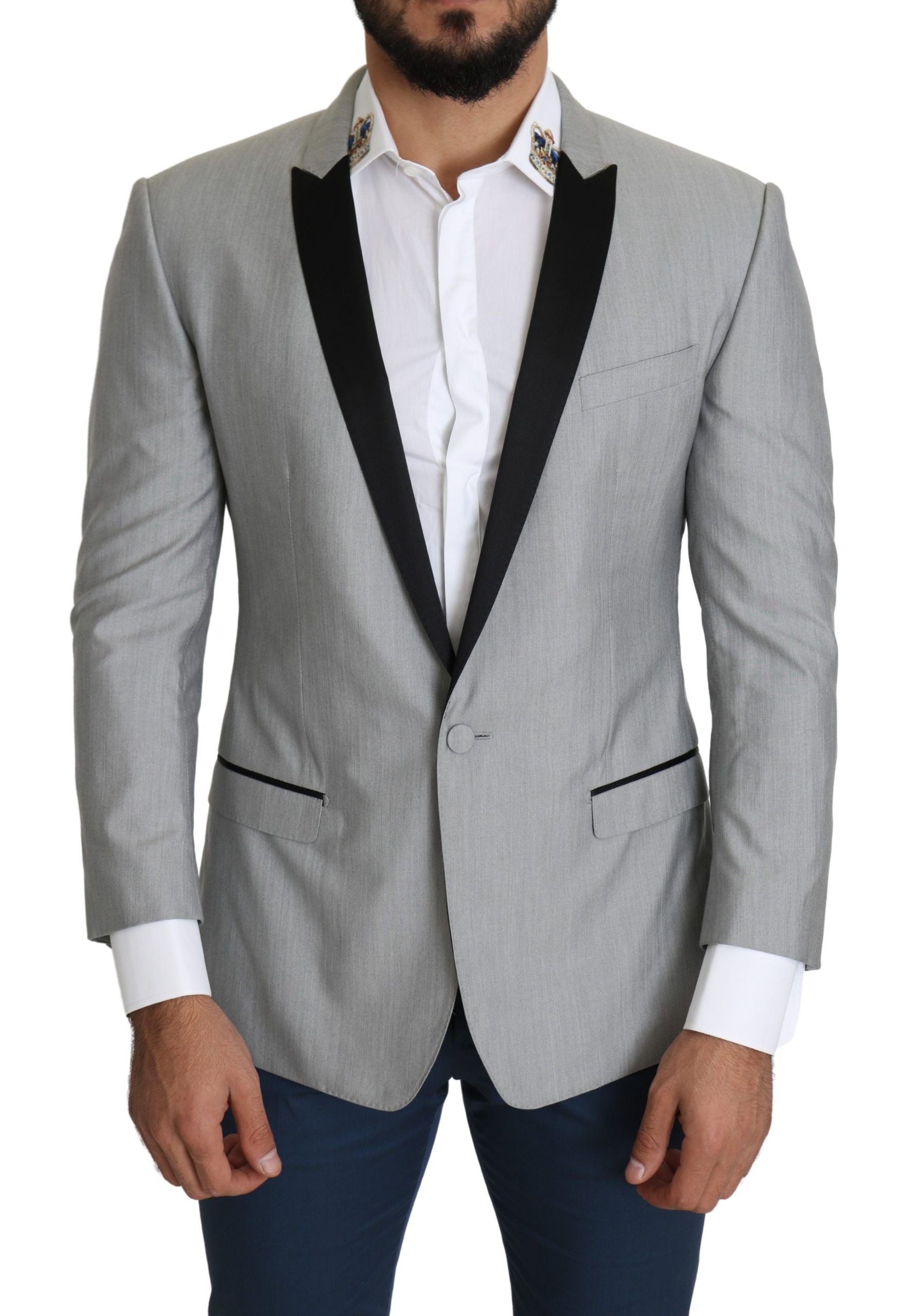 Blazer gris clair Dolce & Gabbana Sartoria à un bouton, col en V, couture élégante, tissu de haute qualité.