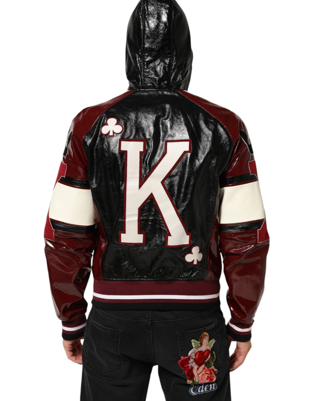 Veste en cuir noir et multicolore avec capuche Dolce & Gabbana DG King pour homme, style biker, détails colorés.