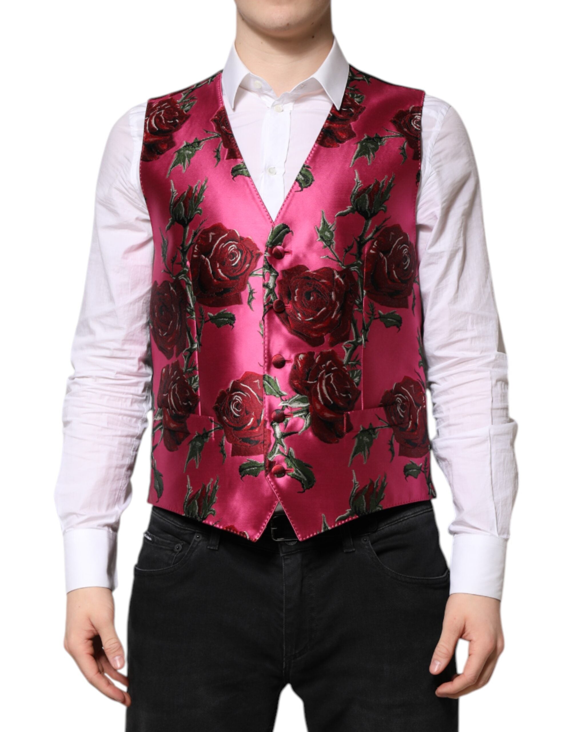 Gilet homme formel en satin rose à fleurs de Dolce & Gabbana, veste élégante avec détails floraux.