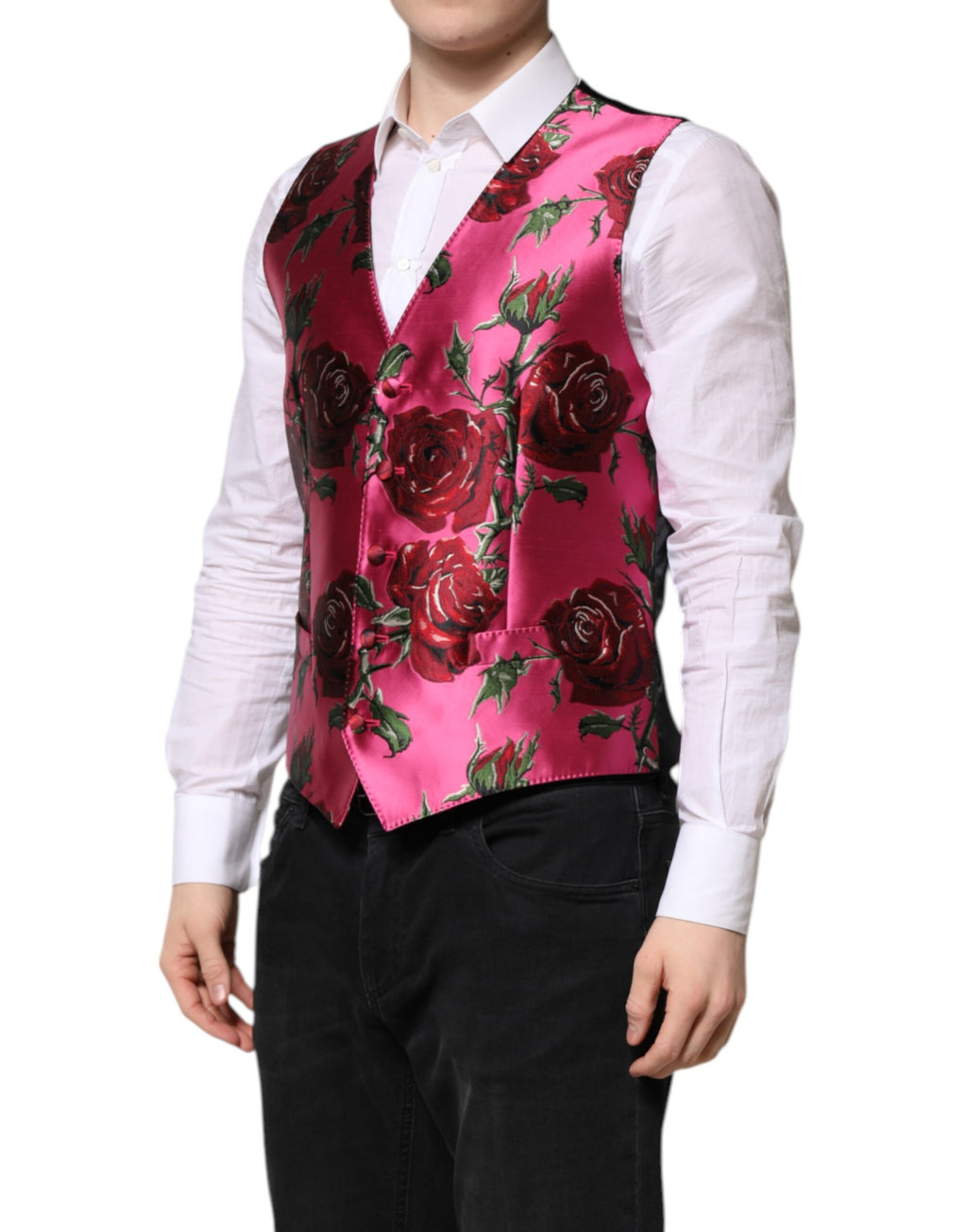 Gilet homme en satin rose à fleurs Dolce & Gabbana, veste formelle élégante avec design floral sophistiqué.