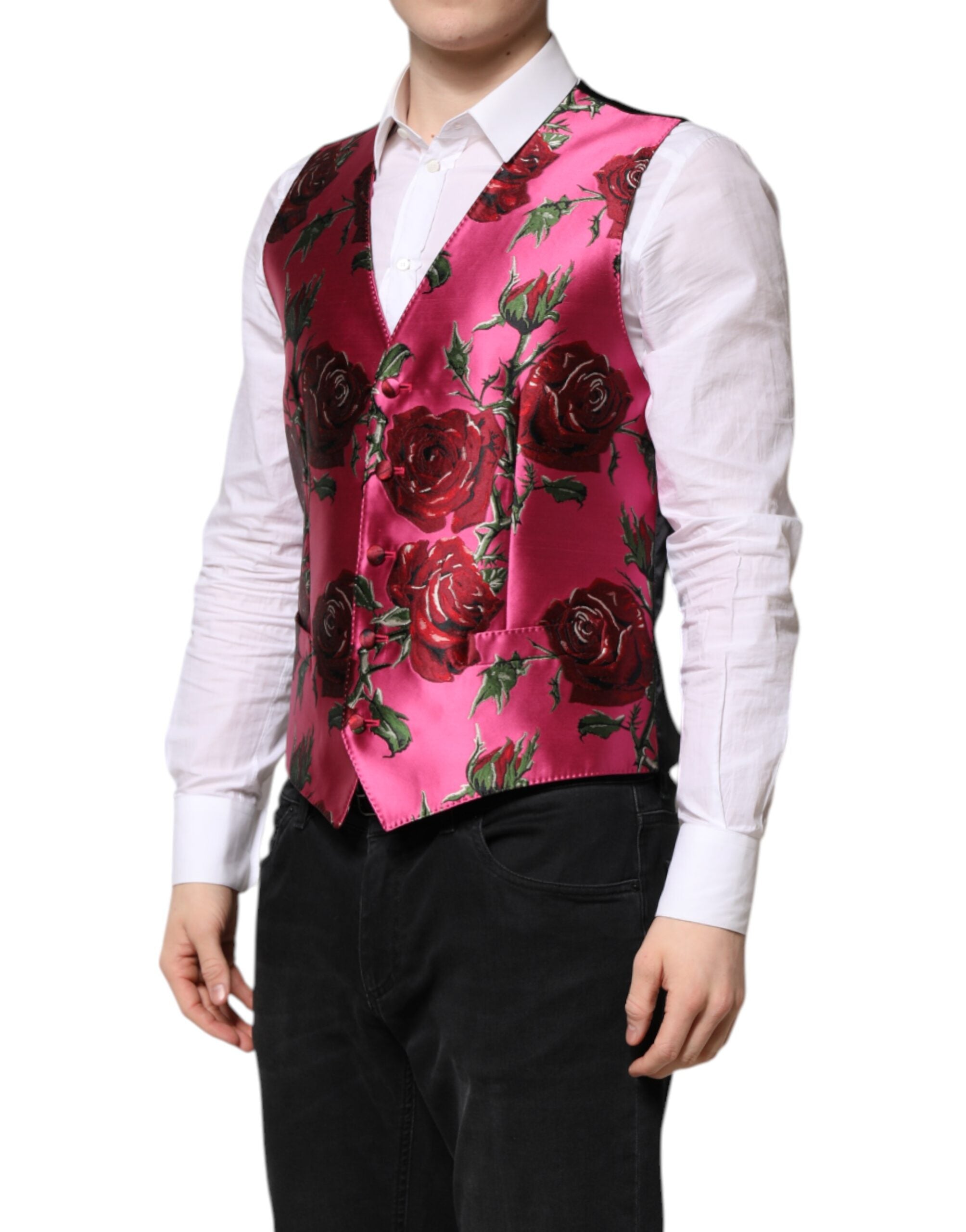 Gilet homme en satin rose à fleurs Dolce & Gabbana, veste formelle élégante avec design floral sophistiqué.