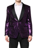 Manteau Dolce & Gabbana Sicilia violet avec sequins et embellissements, veste élégante en tissu brillant et détaillé.