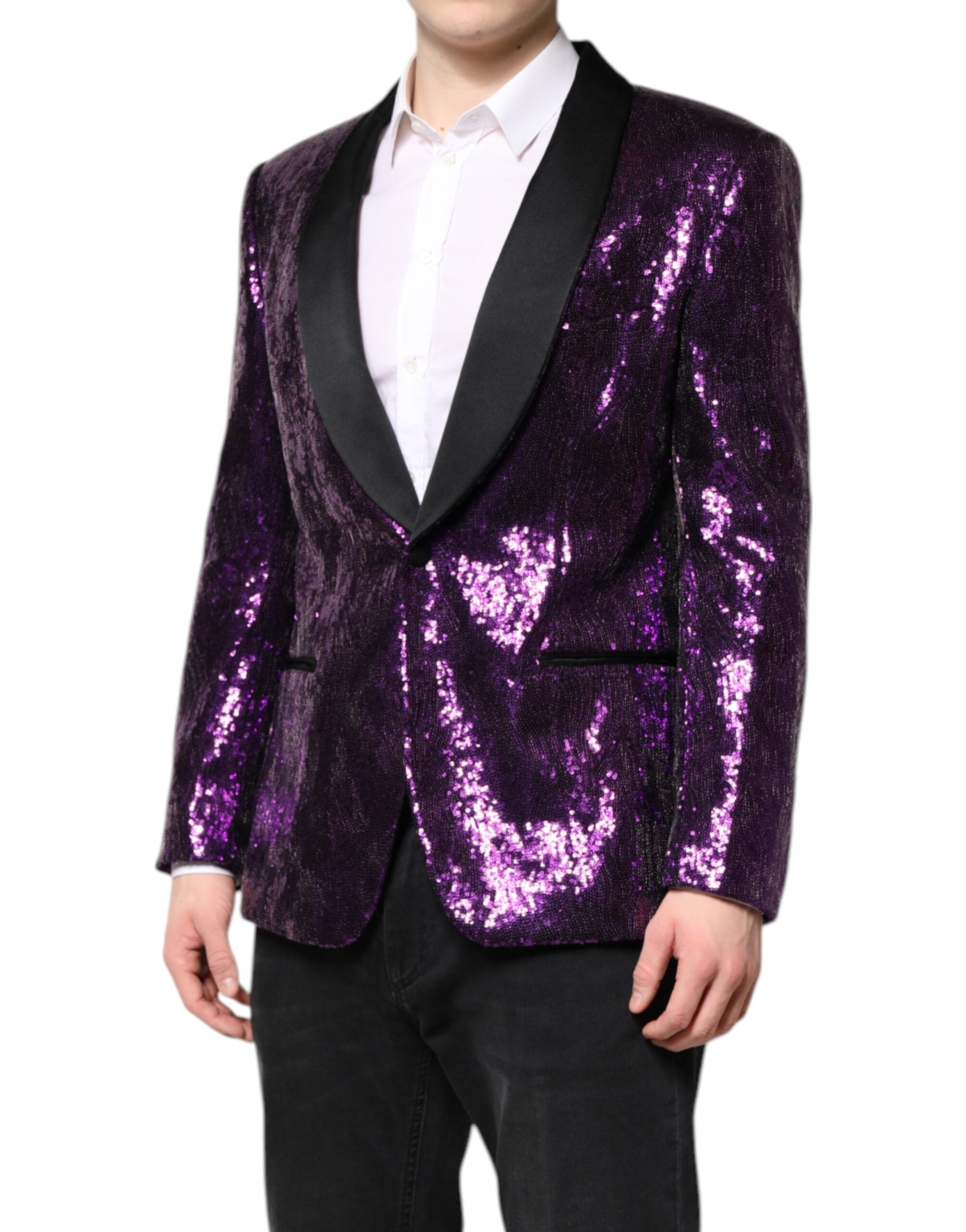 Manteau Dolce & Gabbana Sicilia violet avec sequins et embellissements, veste élégante en tissu brillant et sophistiqué.