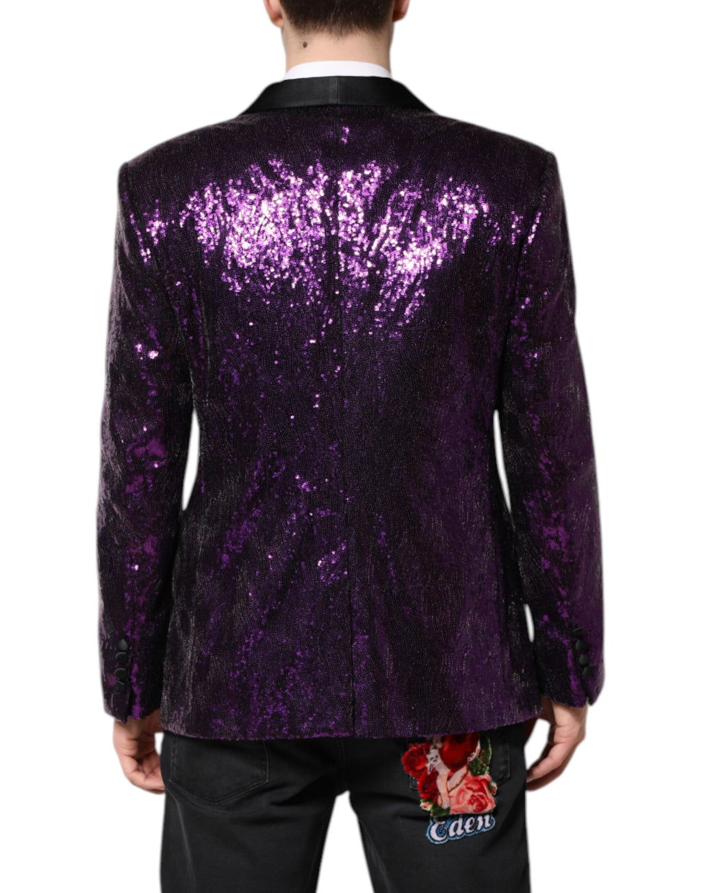 Manteau Dolce & Gabbana Sicilia violet avec sequins brillants, veste élégante à embellissements scintillants.