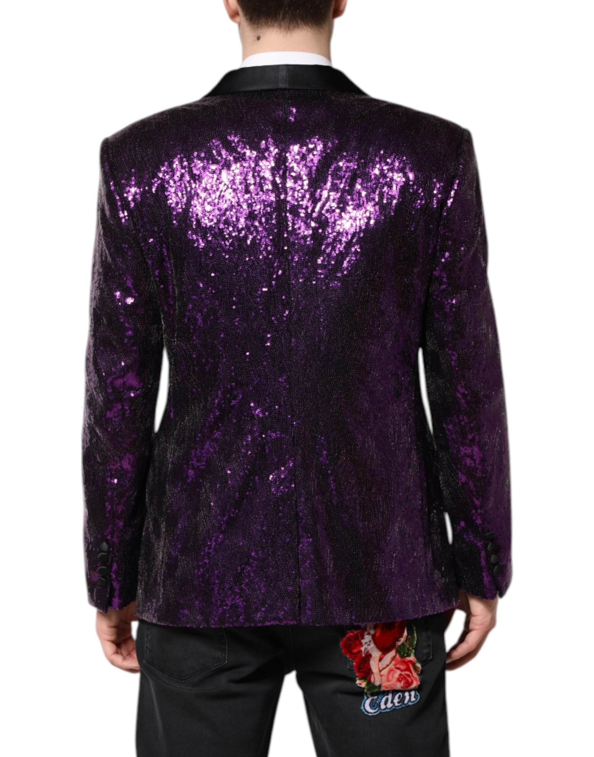 Manteau Dolce & Gabbana Sicilia violet avec sequins brillants, veste élégante à embellissements scintillants.