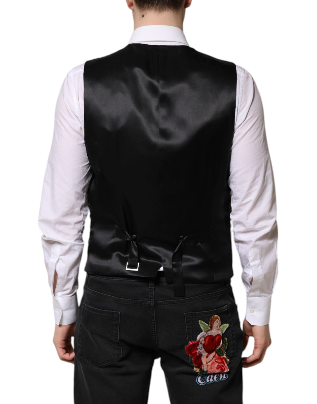 Gilet de costume homme Dolce & Gabbana en brocart floral rouge, élégant et formel avec détails sophistiqués.