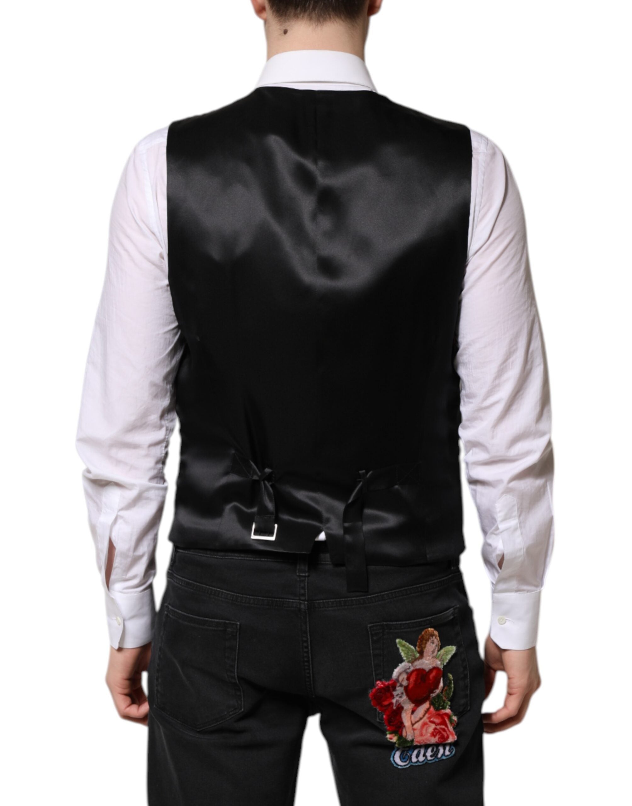 Gilet de costume homme Dolce & Gabbana en brocart floral rouge, élégant et formel avec détails sophistiqués.